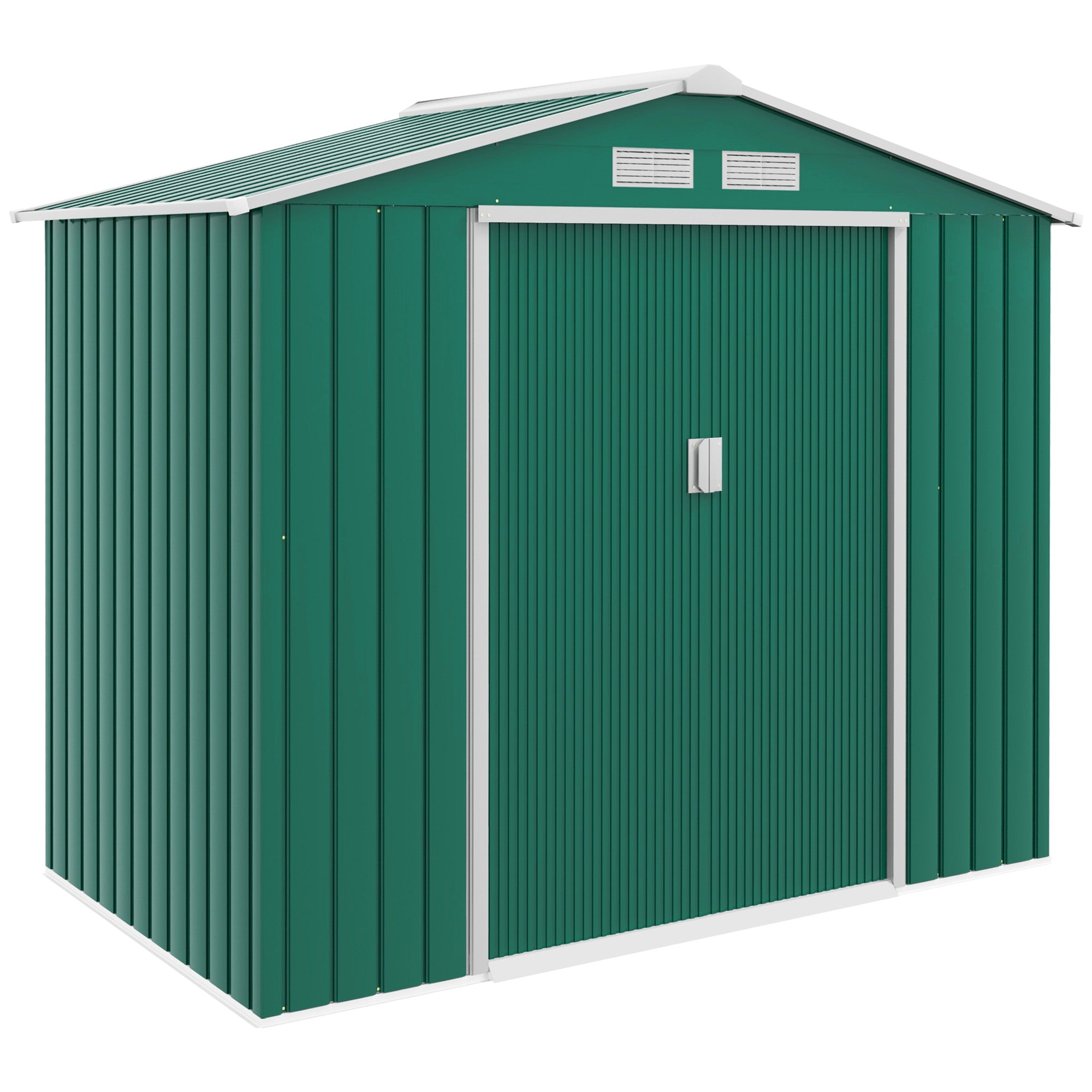 Outsunny 7ft x 4ft Lockable Garden Shed Large Patio Roofed Tool Metal Storage Building Foundation Sheds Box Outdoor Furniture, Green - anydaydirect