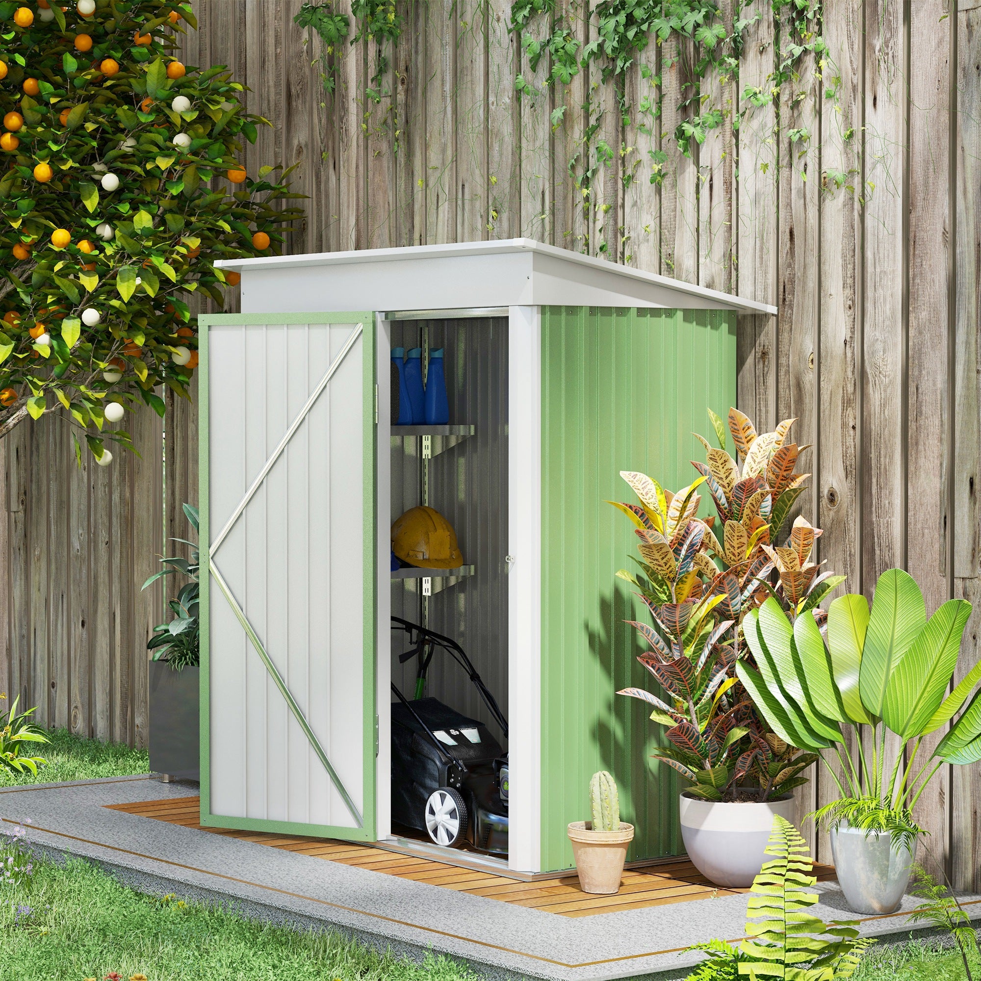 Outsunny 5'x3'x6' Metal Garden Shed Roofed Lean-to Shed for Tool Motor Bike, with Adjustable Shelf, Lock, Gloves, Green - anydaydirect