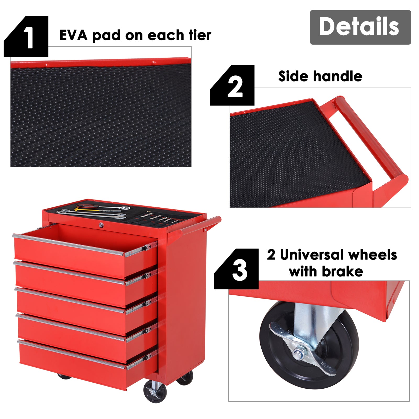 DURHAND 5-Drawer Lockable Tool Storage Cabinet with Wheels, Handle, 2 Keys, Steel Home Work DIY Workshop Chest, Garage Equipment Trolley, Red - anydaydirect