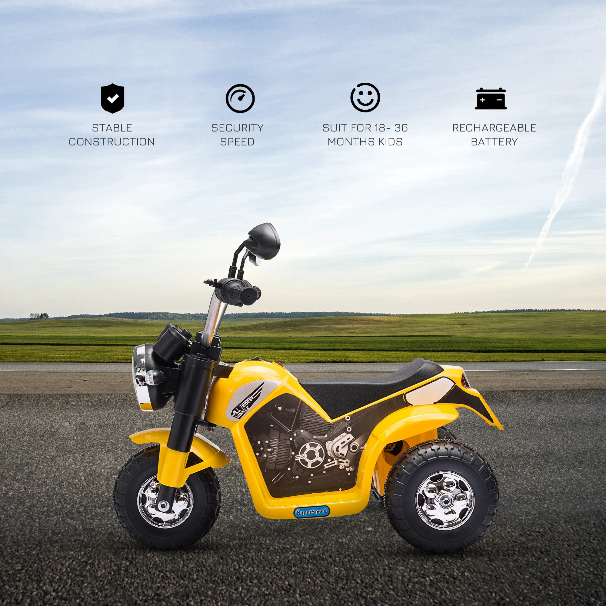HOMCOM Kids Electric Motorcycle Ride-On Toy 3-Wheels Battery Powered Motorbike Rechargeable 6V with Horn Headlights for 18 - 36 Months Yellow - anydaydirect