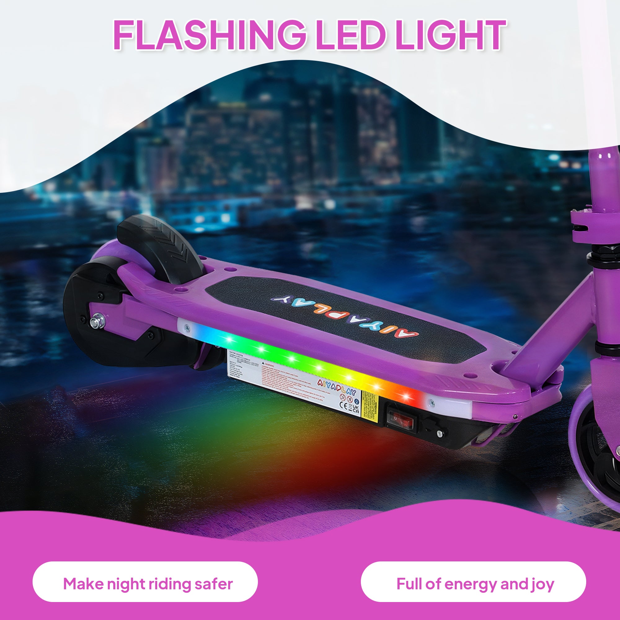 AIYAPLAY Electric Scooter for Ages 6-14, with Colourful Light and Electric Brake, Electric Scooter E Scooter, Up to 10 KM/H & 8 KM, Purple - anydaydirect