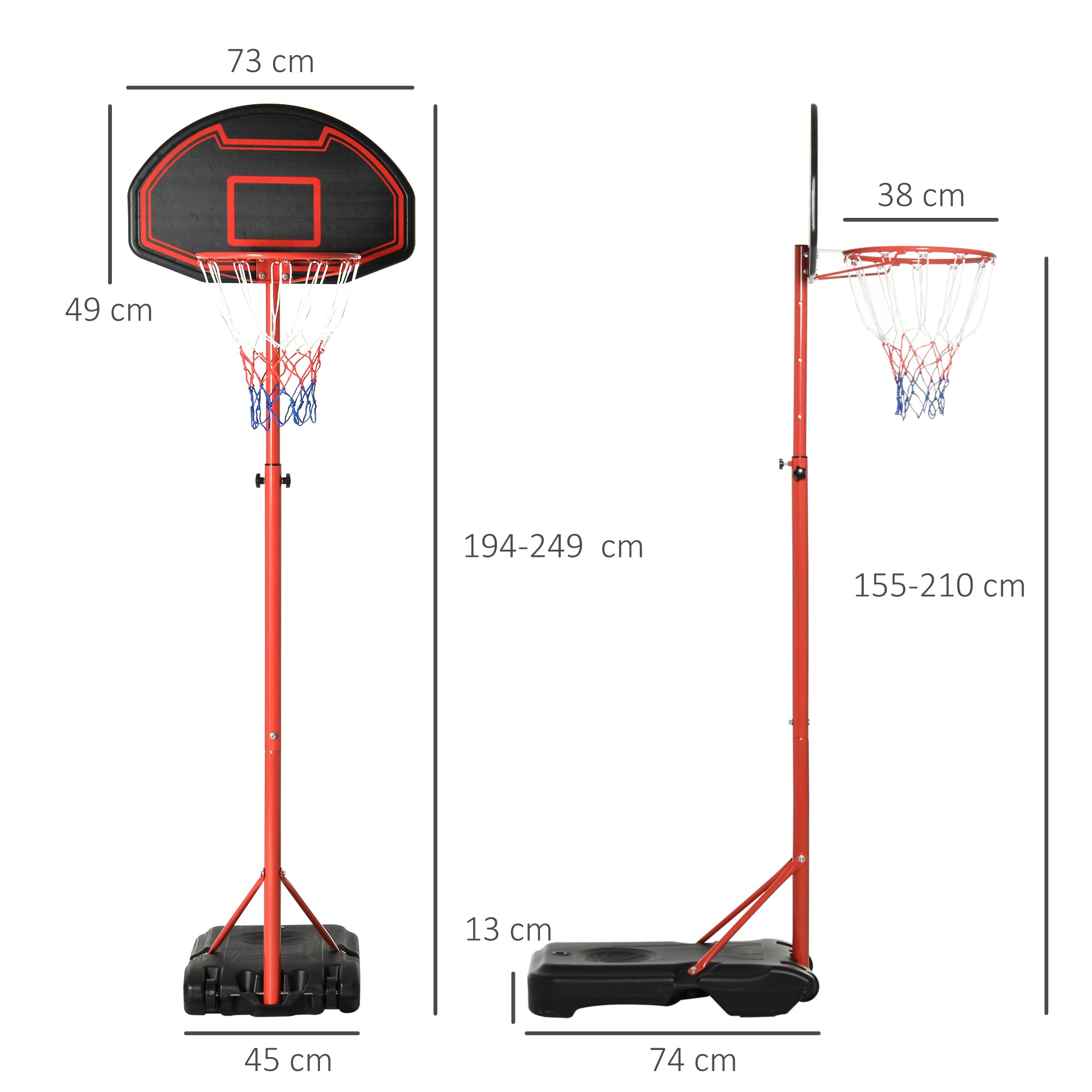 HOMCOM Basketball Hoop Outdoor, Portable Basketball Hoop and Stand with Weighted Base, Portable on Wheels, 1.55-2.1m, for Teens, Juniors, Adults, Black - anydaydirect