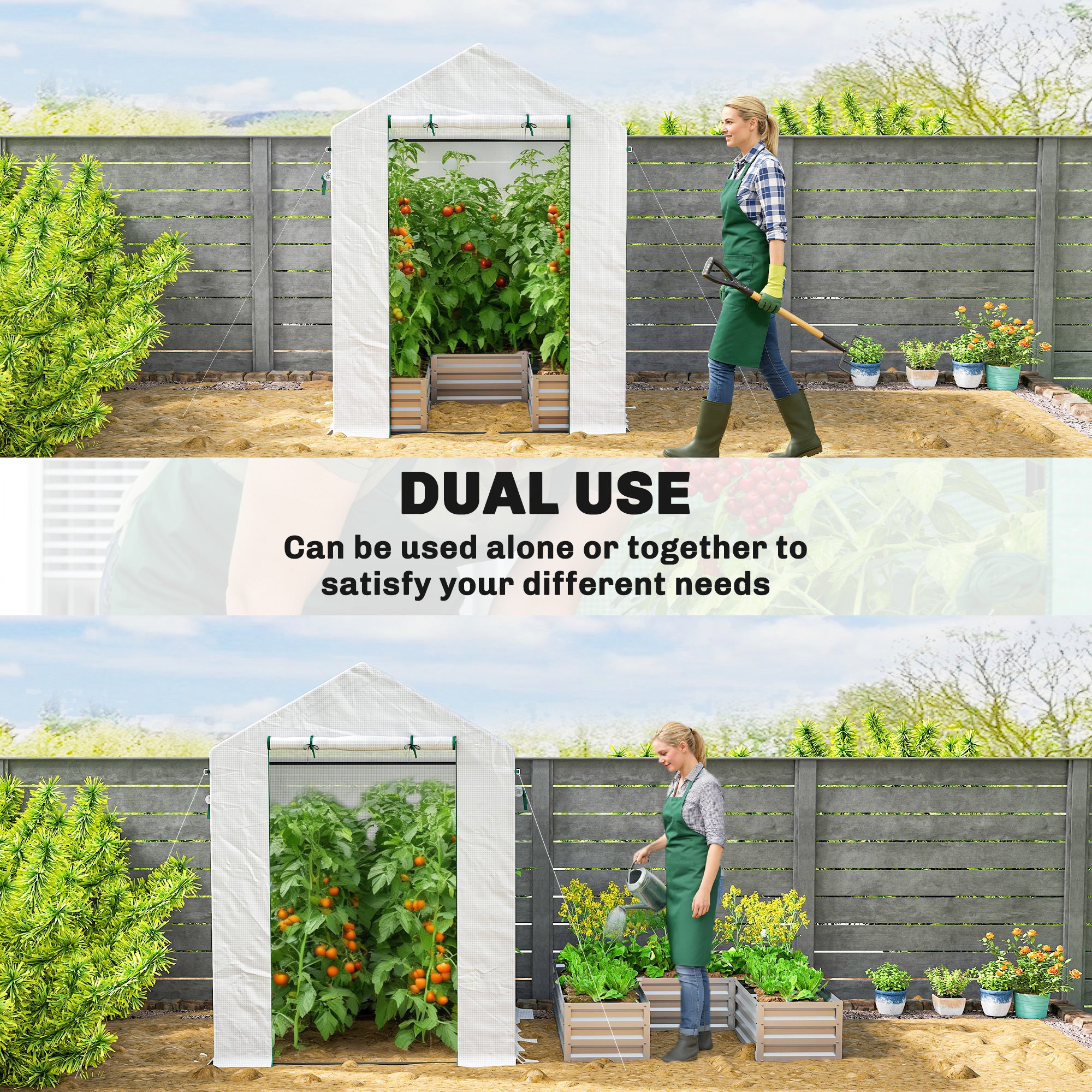 Outsunny Small Greenhouse with Raised Garden Bed, Galvanised Walk-in Greenhouse with Roll Up Windows, 141 x 141 x 190 cm, White - anydaydirect