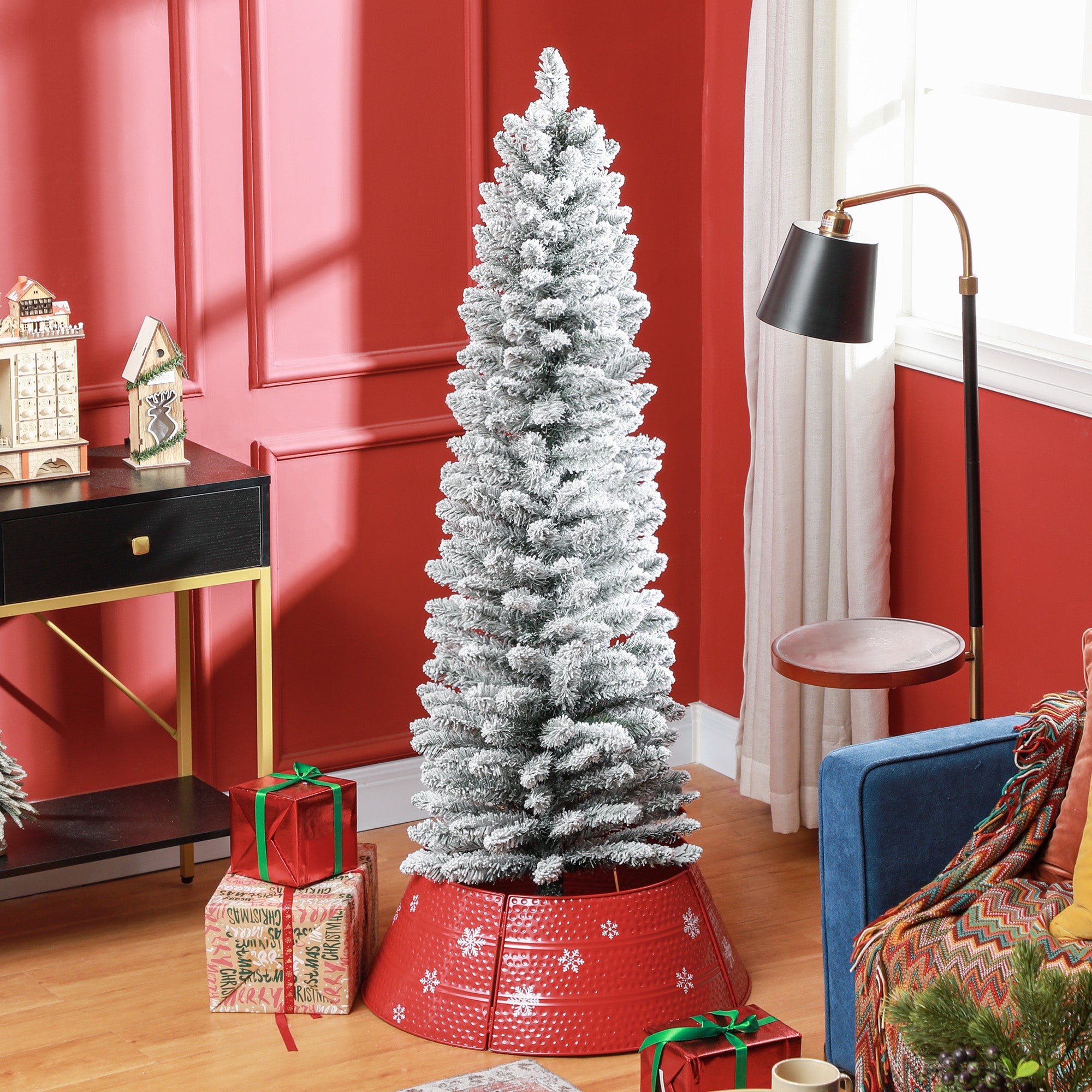 HOMCOM 5ft Artificial Pencil Christmas Tree with 263 Snow Flocked Tips, Metal Base, Realistic Xmas Tree - anydaydirect