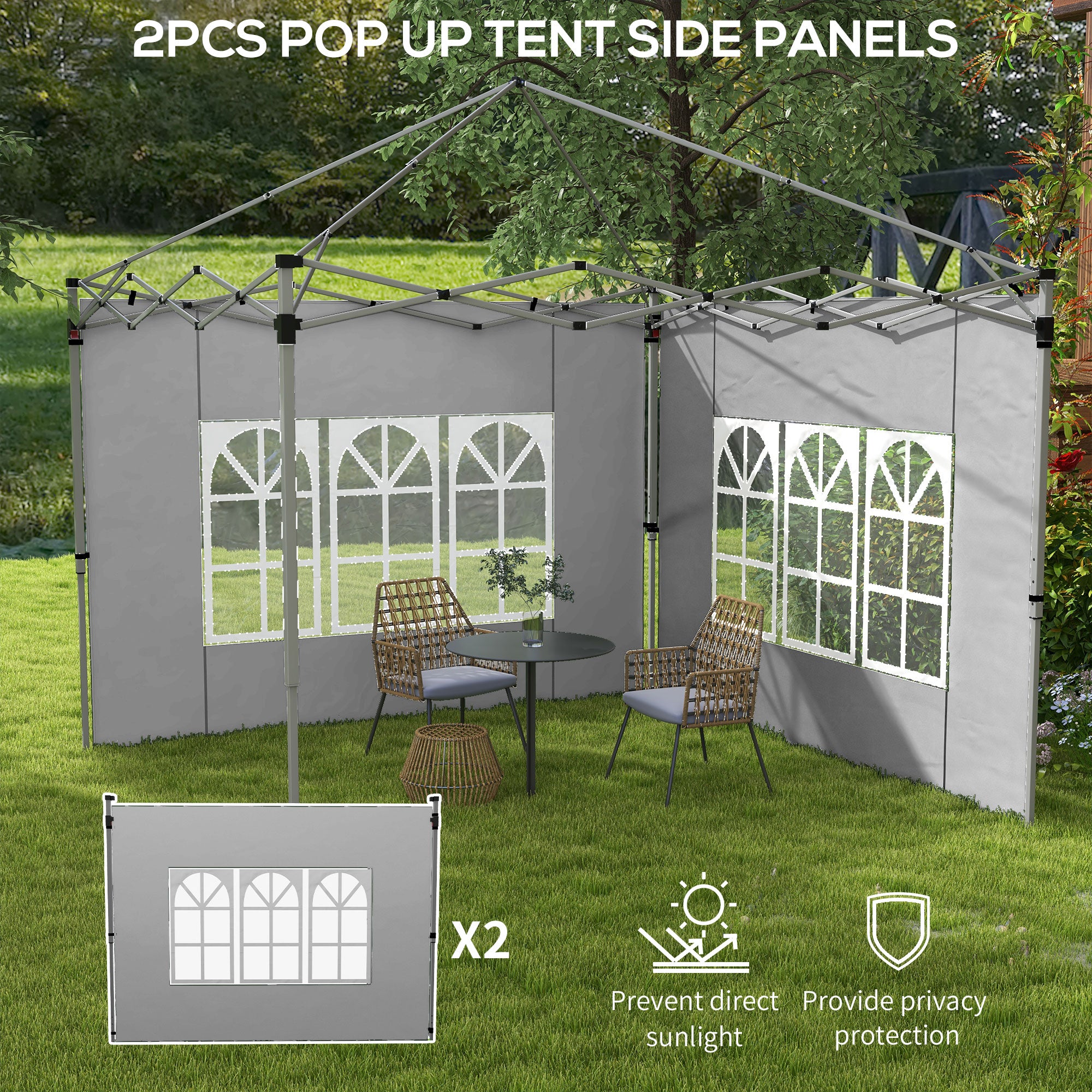 Outsunny Gazebo Side Panels, Sides Replacement with Window for 3x3(m) or 3x4m Pop Up Gazebo, 2 Pack, Grey - anydaydirect