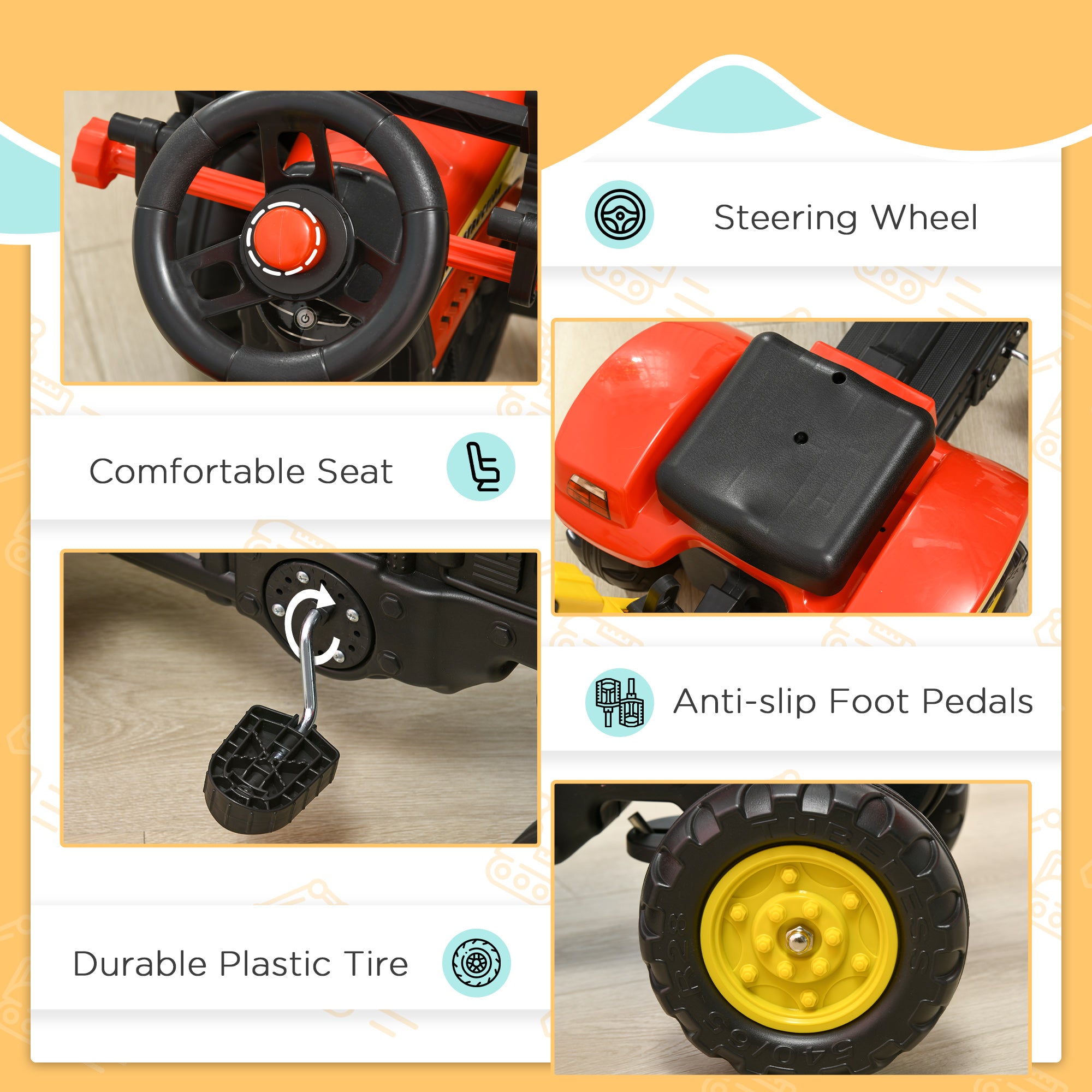 HOMCOM Kids Controllable Excavator Plastic Ride On Pedal Truck Red/Yellow - anydaydirect