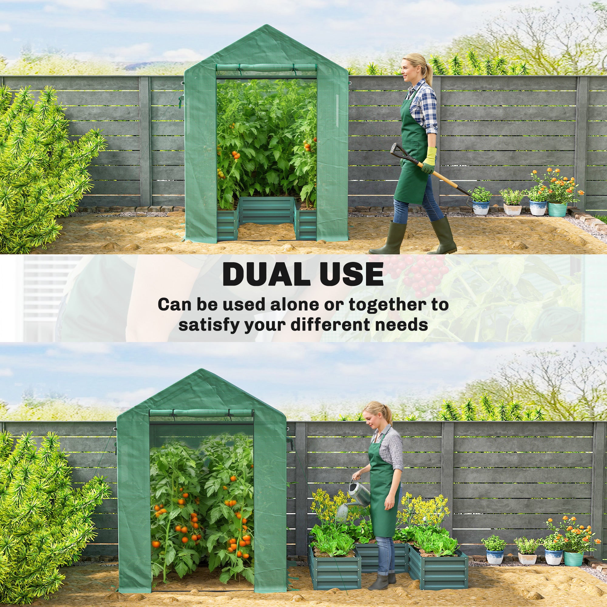 Outsunny Small Greenhouse with Raised Garden Bed, Galvanised Walk-in Greenhouse with Roll Up Windows, 141 x 141 x 190 cm, Green - anydaydirect