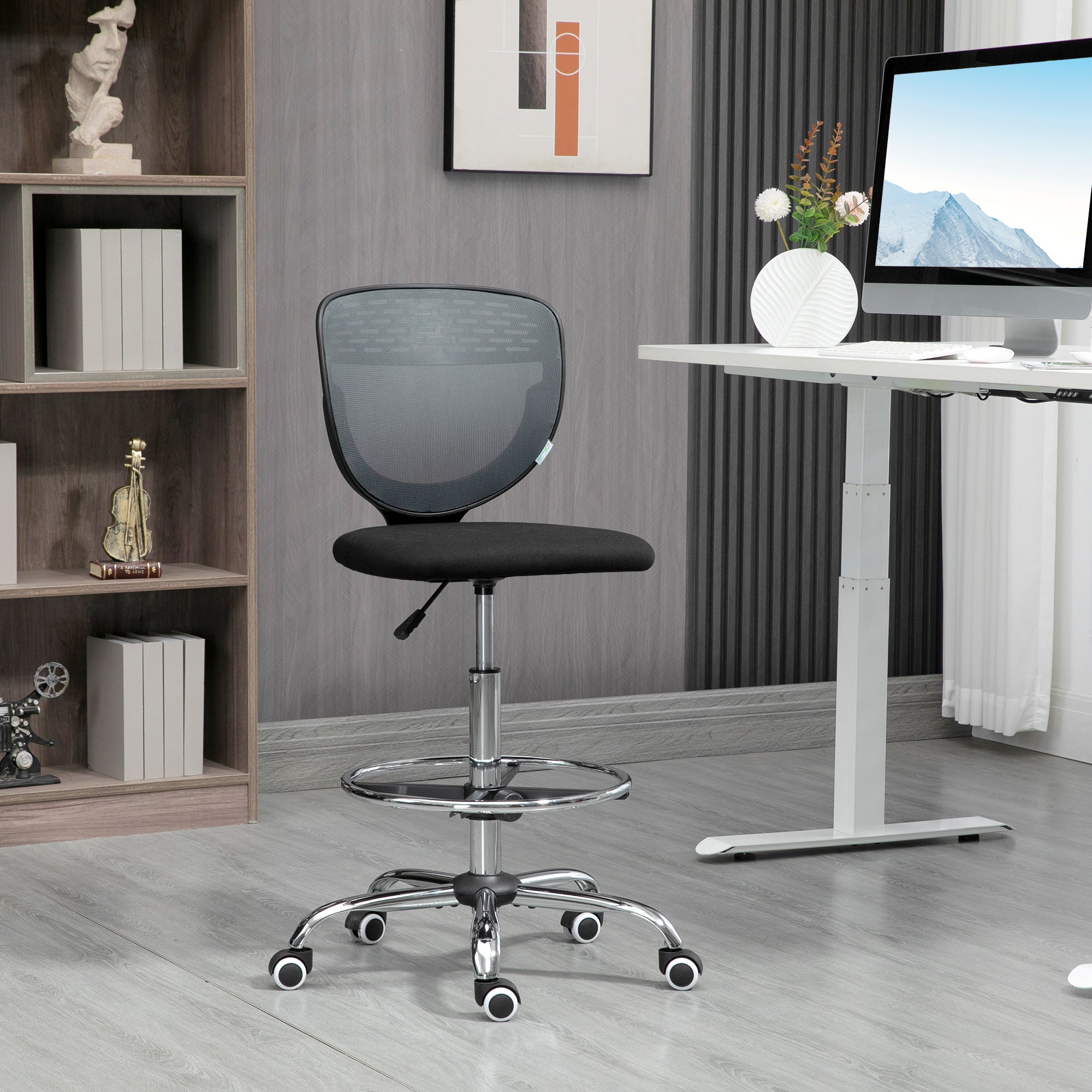 Vinsetto Drafting Chair, Swivel Office Draughtsman Chair, Mesh Standing Desk Chair with Adjustable Foot Ring, Armless, Grey - anydaydirect