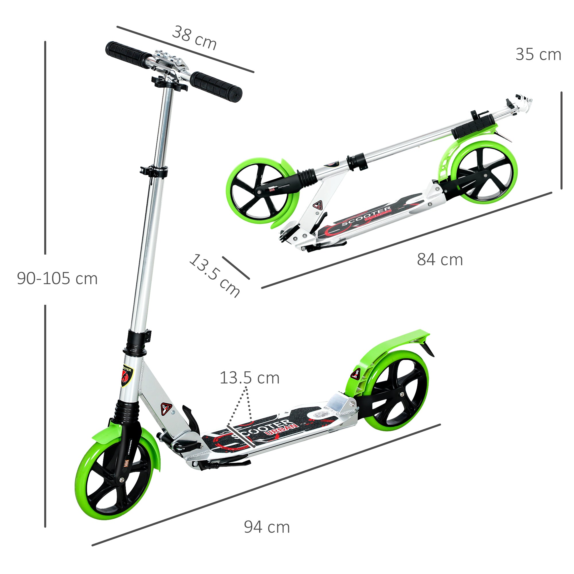 HOMCOM Folding Kick Scooter, Adjustable Ride On Scooter with 200mm Big Wheels and Double Shock Absorption, Urban Scooter for 14+ Teens Adult, Green - anydaydirect