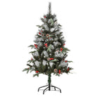HOMCOM 4FT Artificial Snow Dipped Christmas Tree Xmas Pencil Tree Home Party Decoration w/ Foldable Feet Berries & Pinecones, Green - anydaydirect