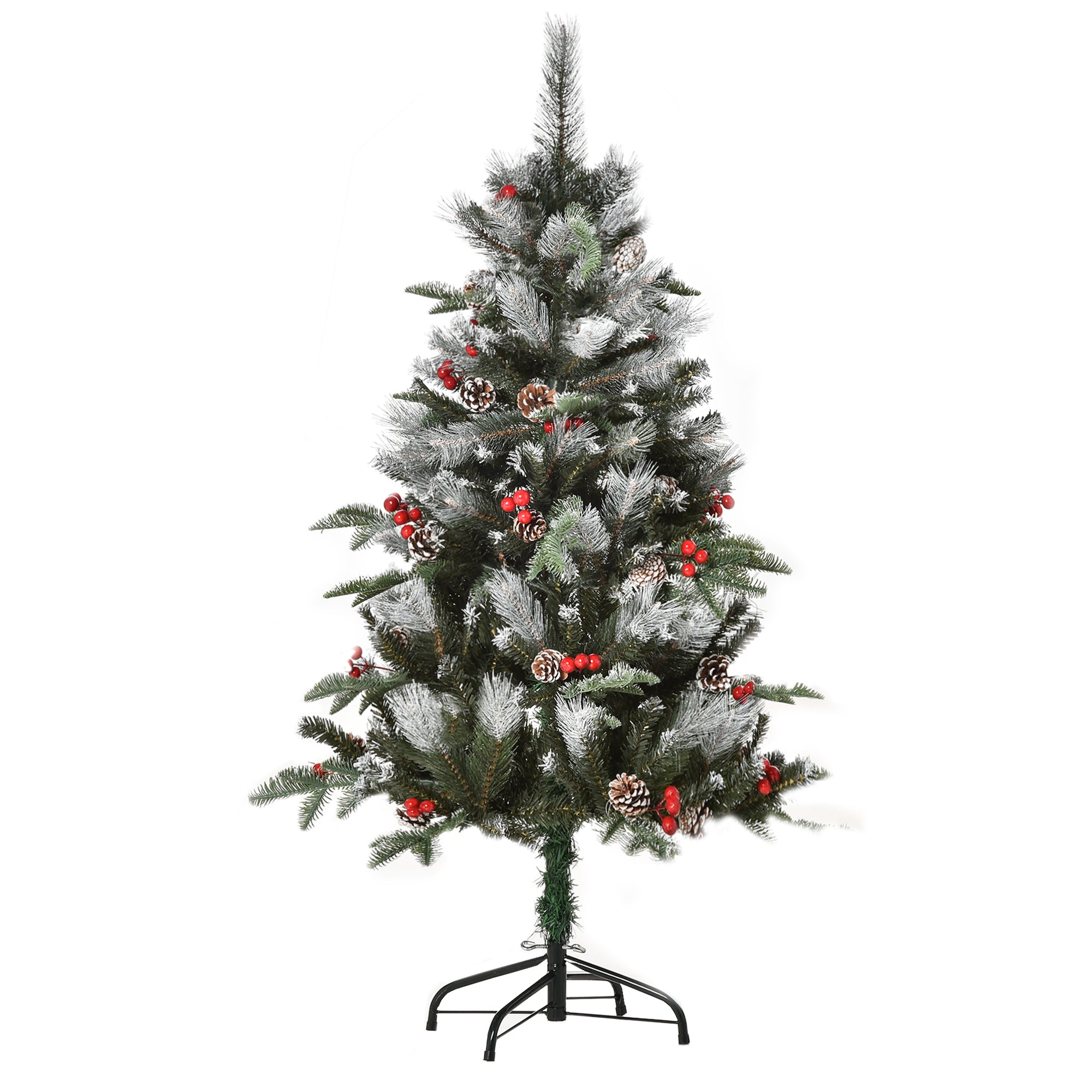 HOMCOM 4FT Artificial Snow Dipped Christmas Tree Xmas Pencil Tree Home Party Decoration w/ Foldable Feet Berries & Pinecones, Green - anydaydirect
