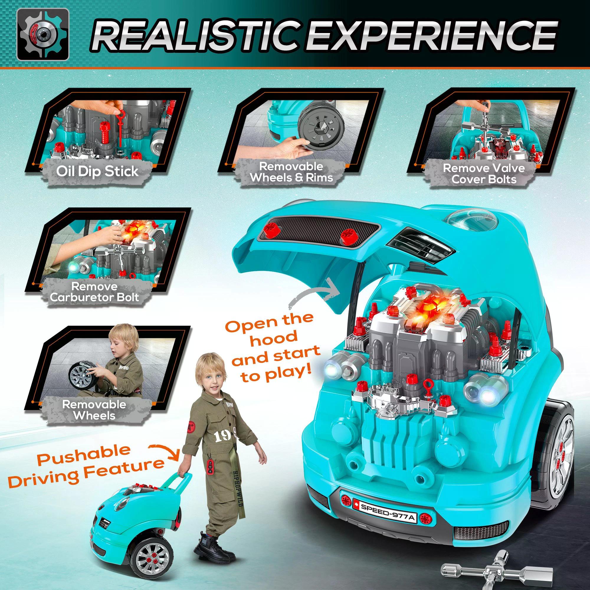 HOMCOM Kids Truck Engine Toy Set, Educational Car Service Station Playset, Take Apart Workshop, w/ Steering Wheel, for 3-5 Years Old Teal Green - anydaydirect