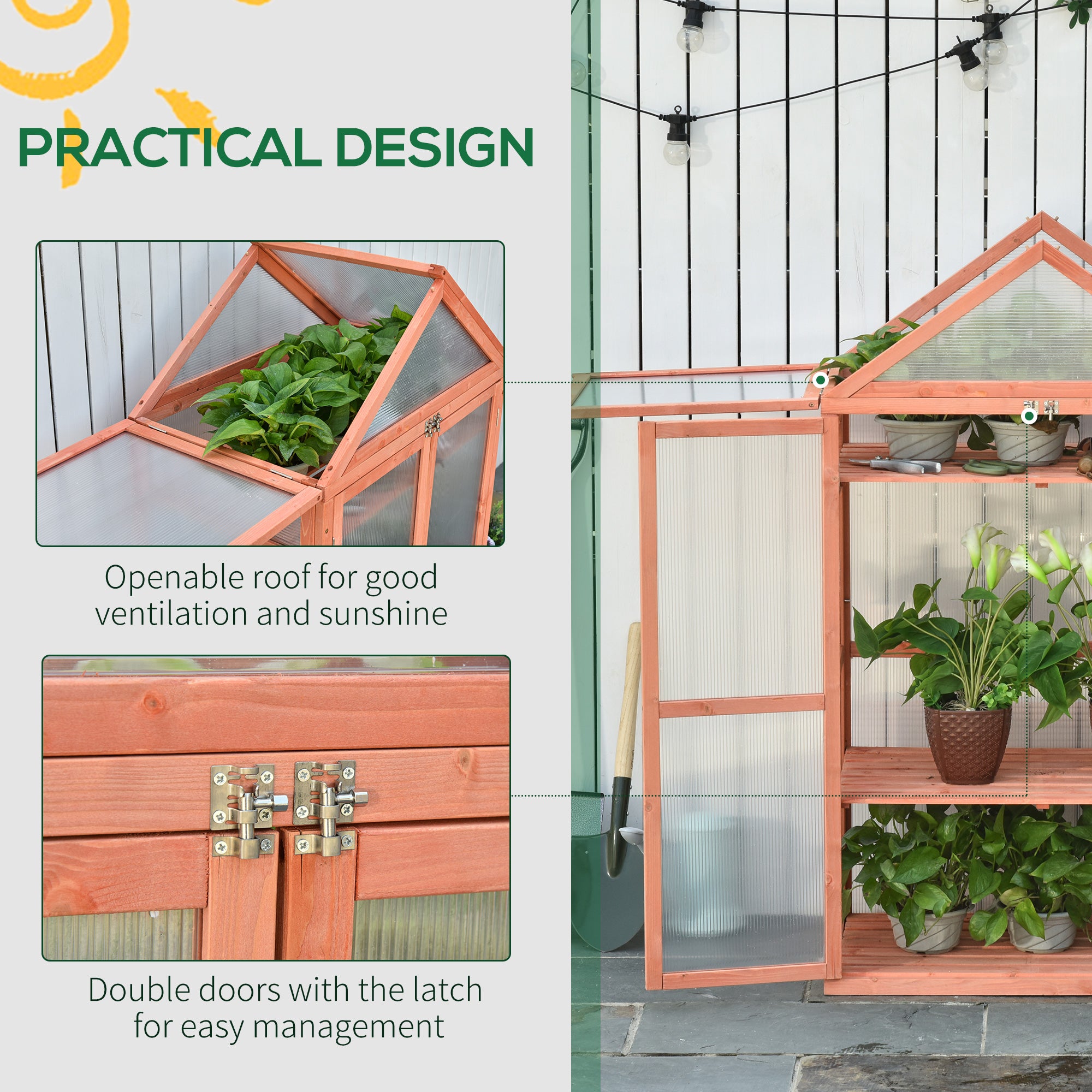 Outsunny Garden Cold Frame Polycarbonate Greenhouse with Adjustable Shelves, Double Doors, Openable Top Covers, Grow House for Flower Vegetable Plants, 80 x 47 x 138cm, Orange - anydaydirect