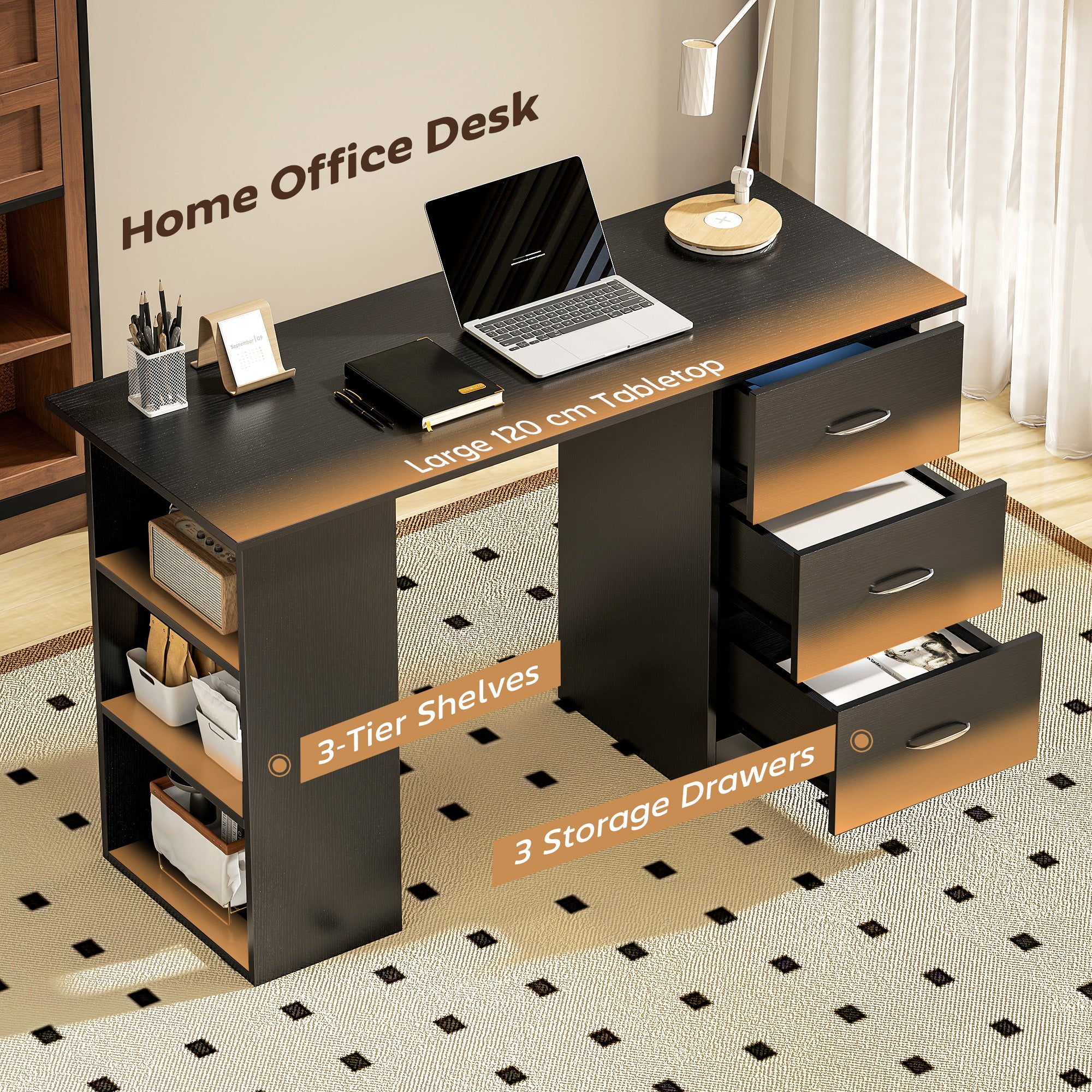 HOMCOM Computer Desk, Home Office Desk, Writing Table, PC Workstation with 3 Storage Shelves and 3 Drawers for Working, Study, 120 x 49 x 72 cm, Black - anydaydirect