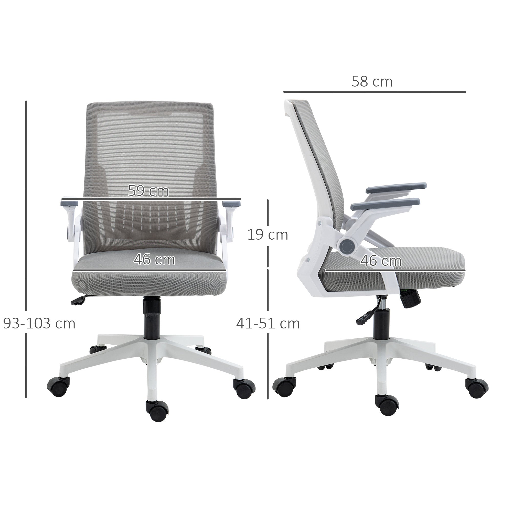 Vinsetto Mesh Office Chair, Desk Chair with Lumbar Support, Flip-up Armrest, Swivel Wheels, Adjustable Height, Grey - anydaydirect