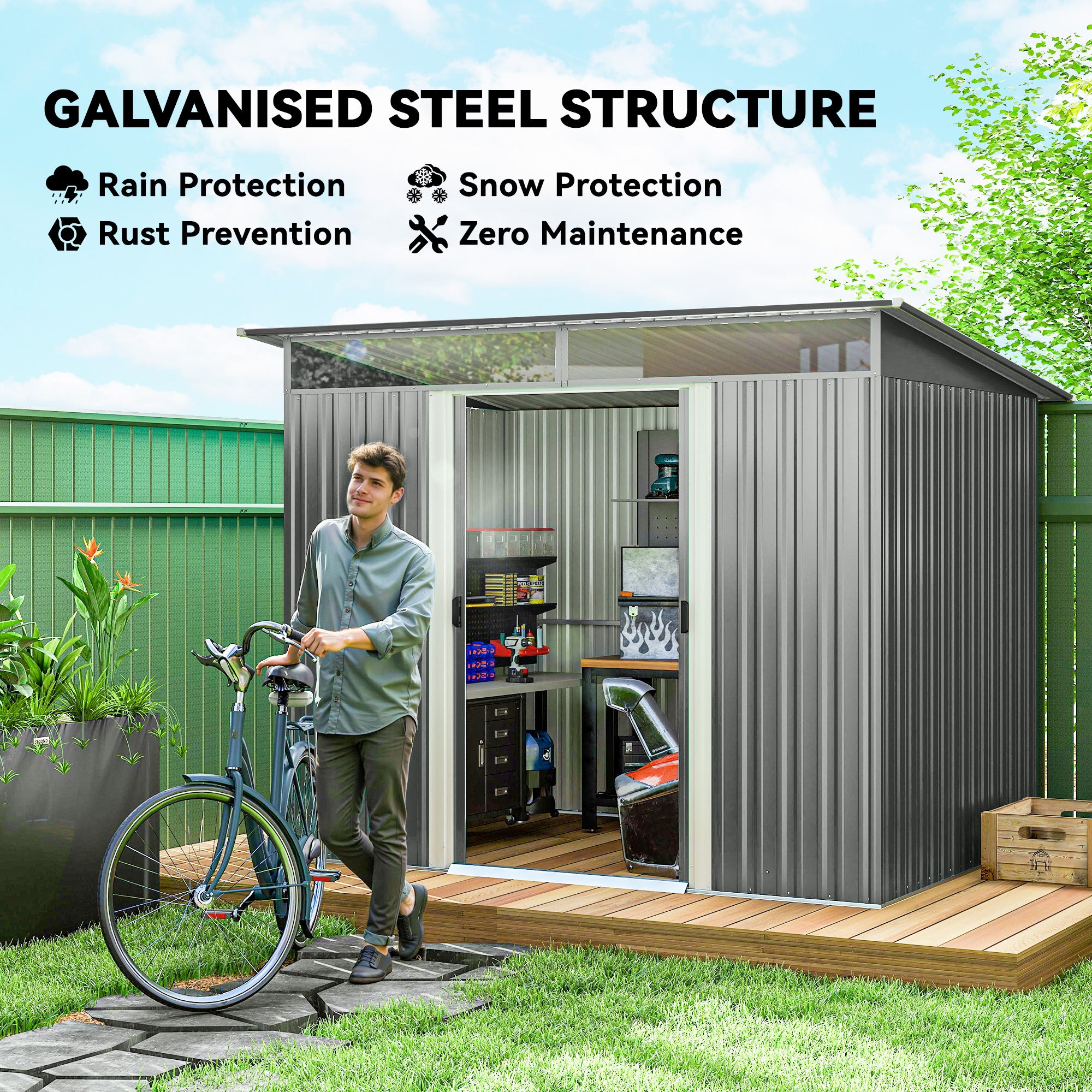 Outsunny 9ft x 6.5ft Garden Storage Shed with Top Window, Metal Outdoor Shed Tool House with Double Doors, Light Grey - anydaydirect