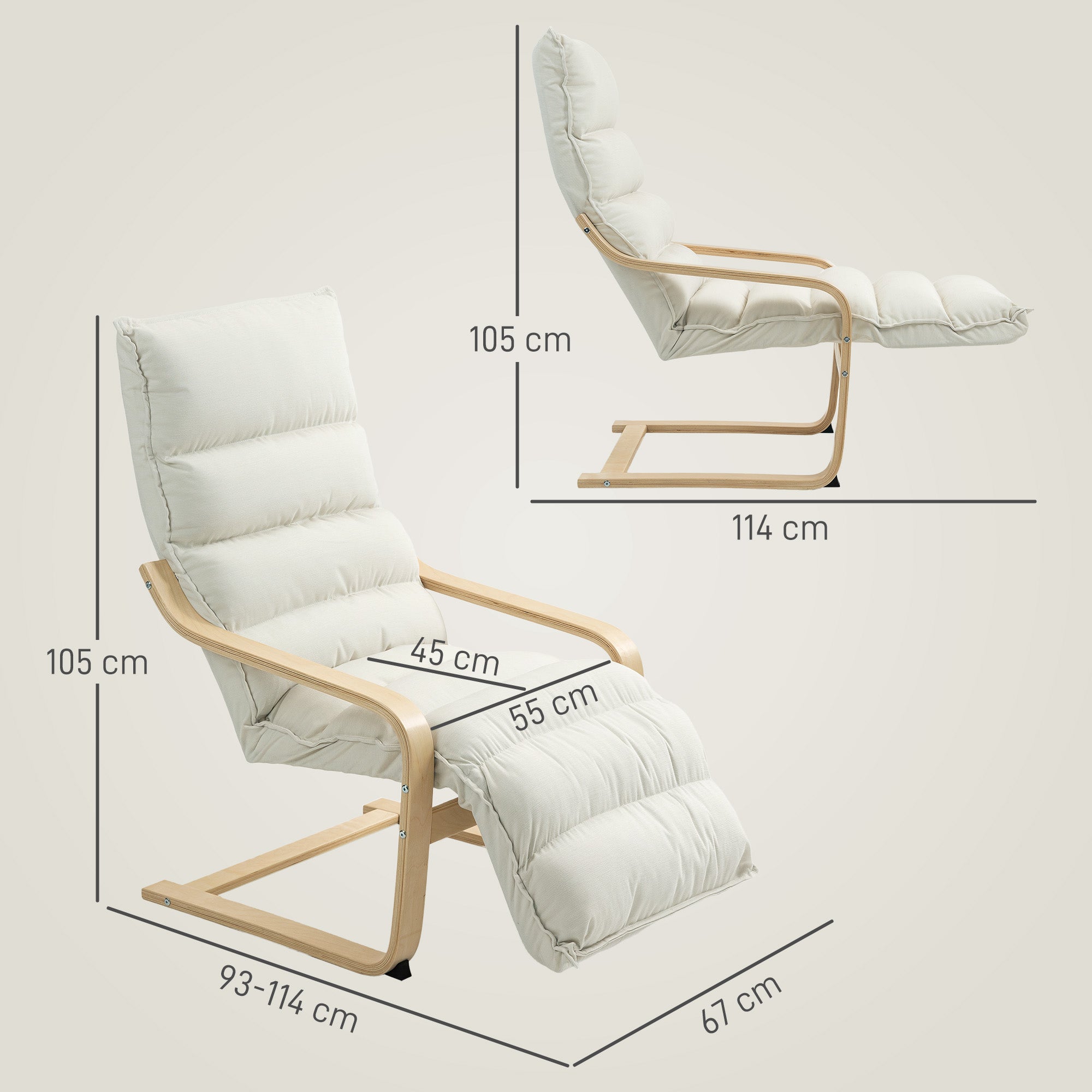 HOMCOM Curved Wooden Accent Chair, with Adjustable Footrest - Cream White - anydaydirect