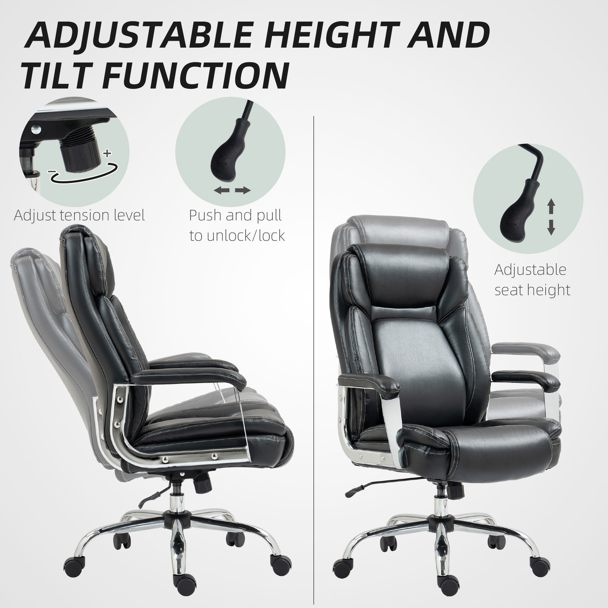 HOMCOM Ergonomic Office Chair, Heavy Duty Faux Leather Desk Chair with Tilt Function, Adjustable Height, 227kg 500LBS Swivel Computer Chair for Home Study, Black - anydaydirect