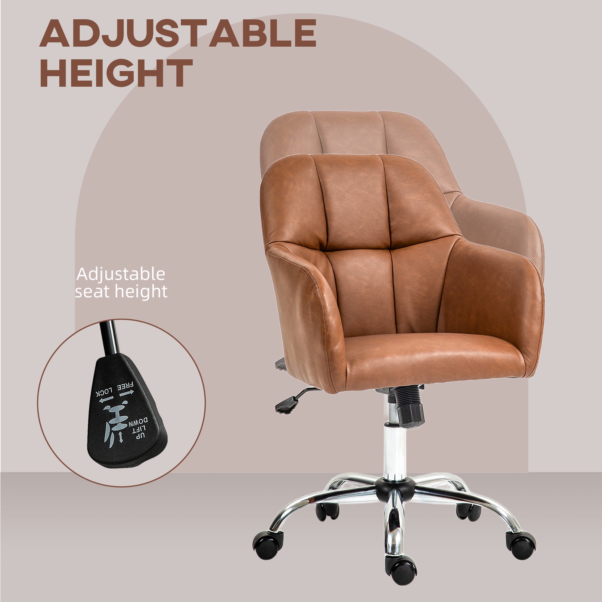 HOMCOM Faux Leather Tub Office Chair, with Wheels - Brown - anydaydirect
