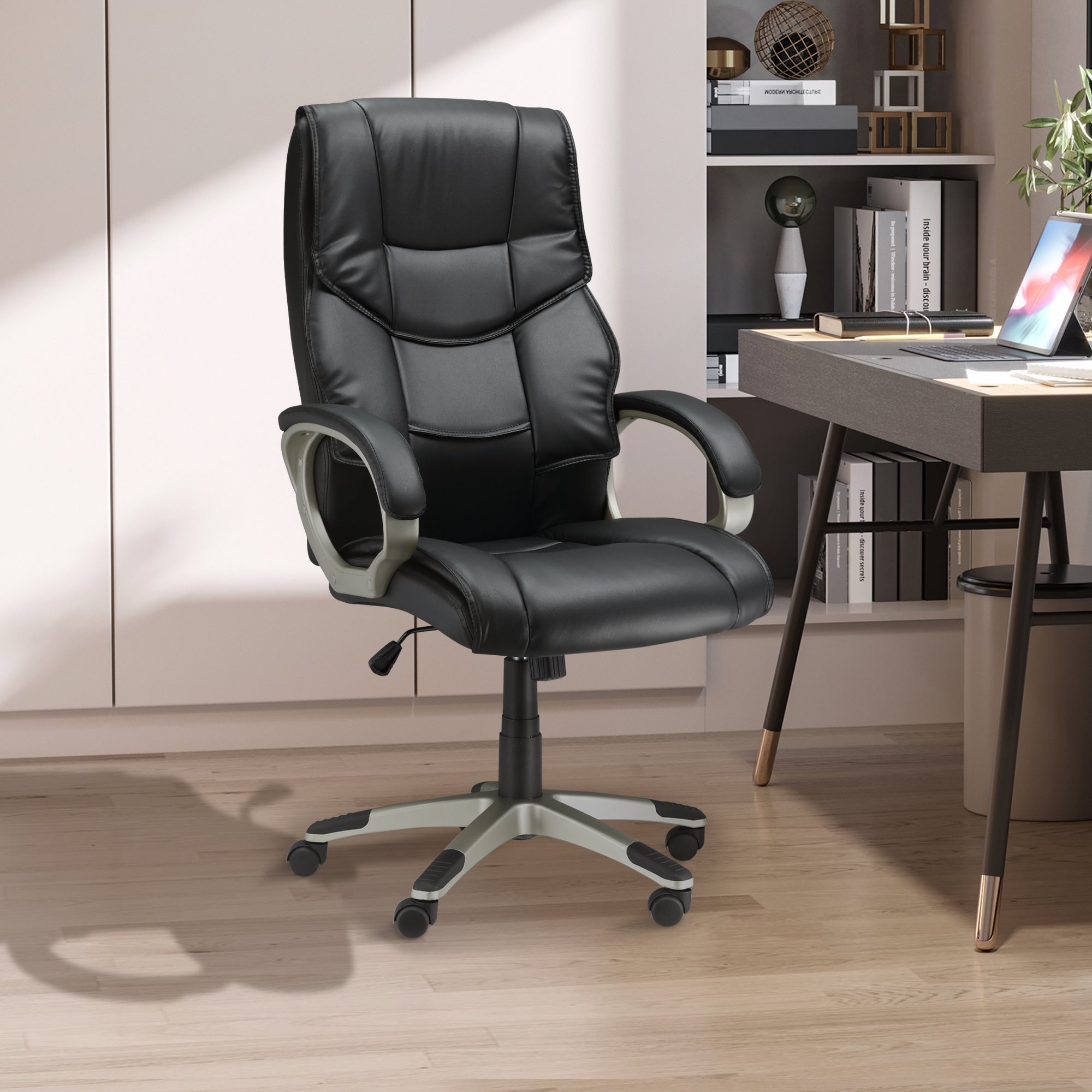 HOMCOM Home Office Chair High Back Computer Desk Chair with Faux Leather Adjustable Height Rocking Function Black - anydaydirect