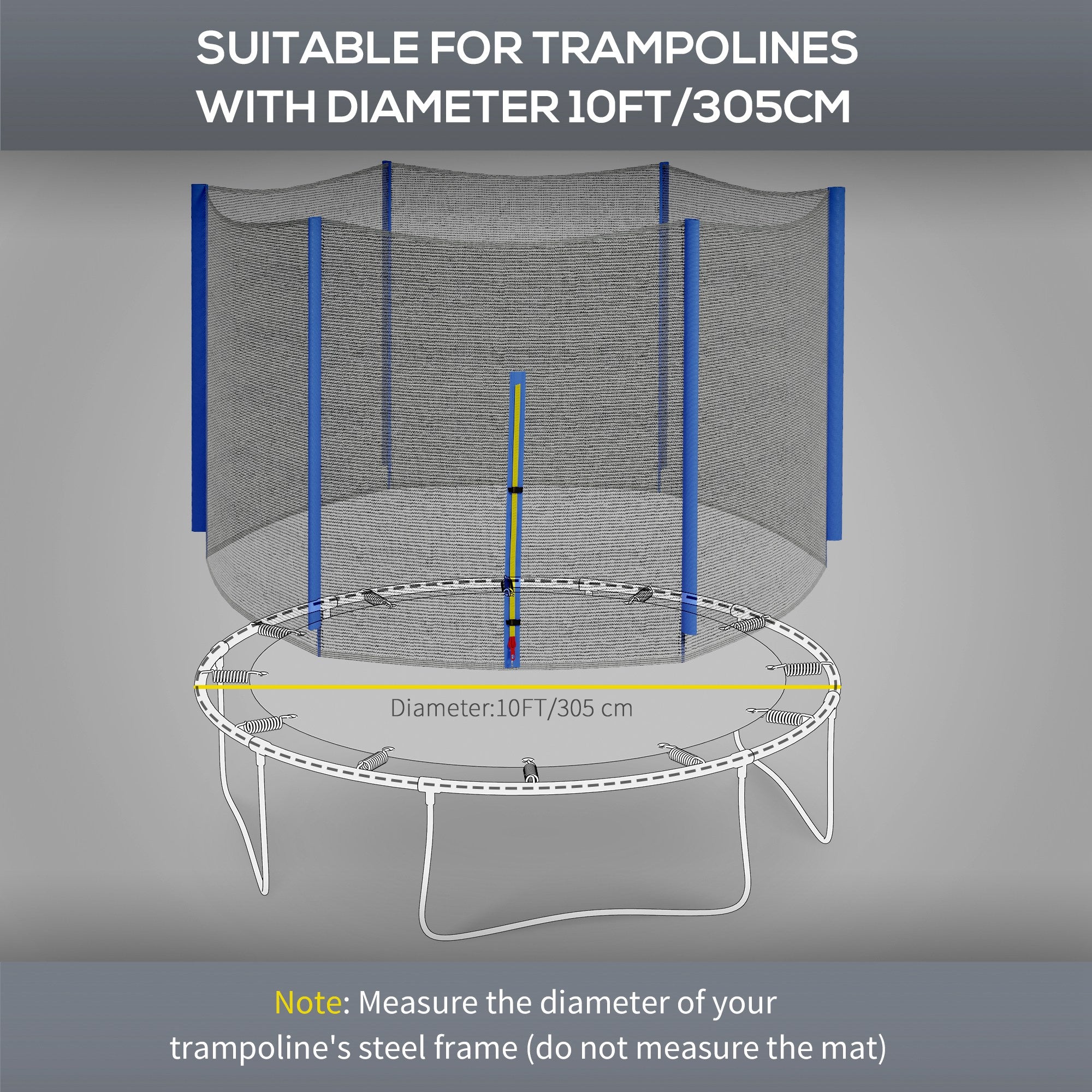 SPORTNOW 10ft Trampoline Net Replacement with 6 Plastic Pole Covers, Weather-Resistant Trampoline Netting Replacement with Zipped Entrance, Poles Not Included, Blue - anydaydirect