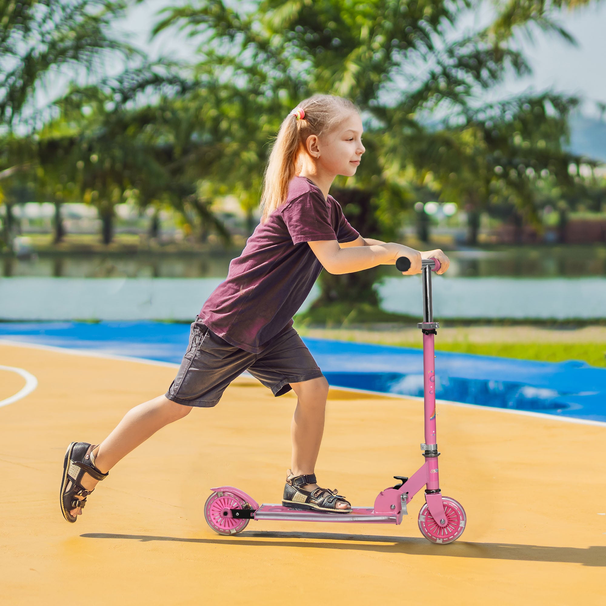 HOMCOM Kids Scooter with LED Wheels, Adjustable Height, Folding Design, Lights & Music, for Ages 3-7, Pink - anydaydirect