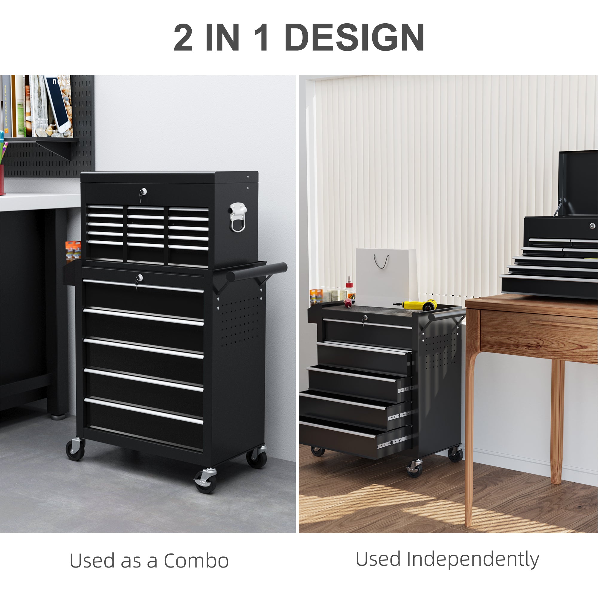 HOMCOM 14 Drawer, Two-Part Tool Storage Chest on Wheels - Black - anydaydirect