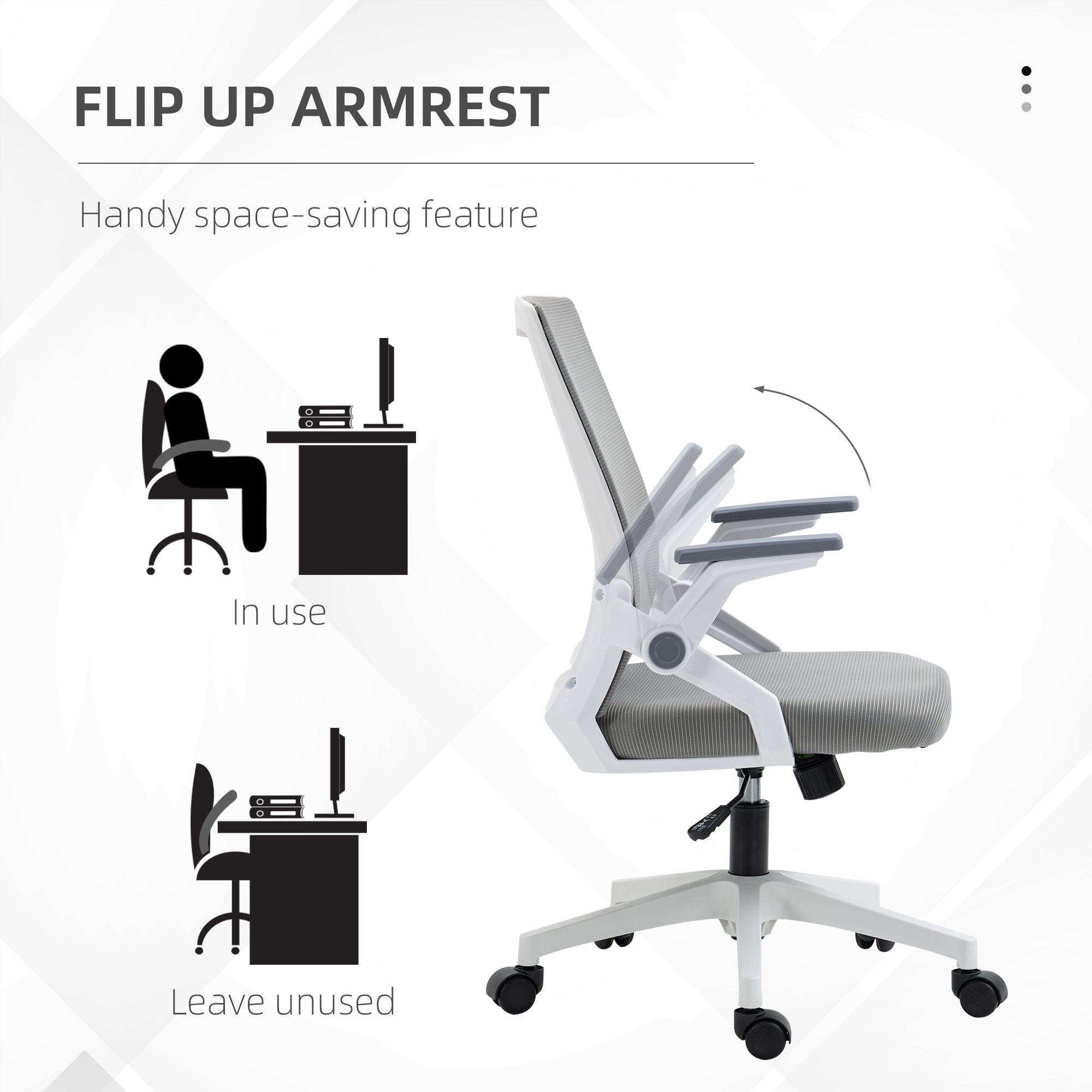Vinsetto Mesh Office Chair, Desk Chair with Lumbar Support, Flip-up Armrest, Swivel Wheels, Adjustable Height, Grey - anydaydirect