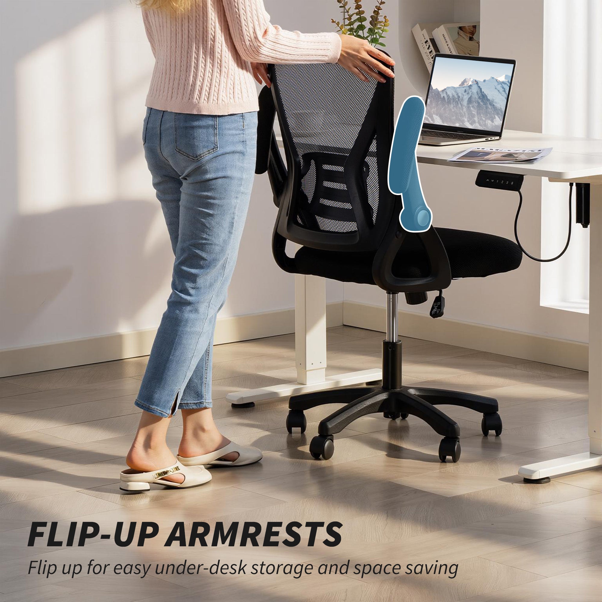 HOMCOM Office Chair, Mesh Desk Chair with Flip-up Armrests, Lumbar Support, Adjustable Height, Black - anydaydirect