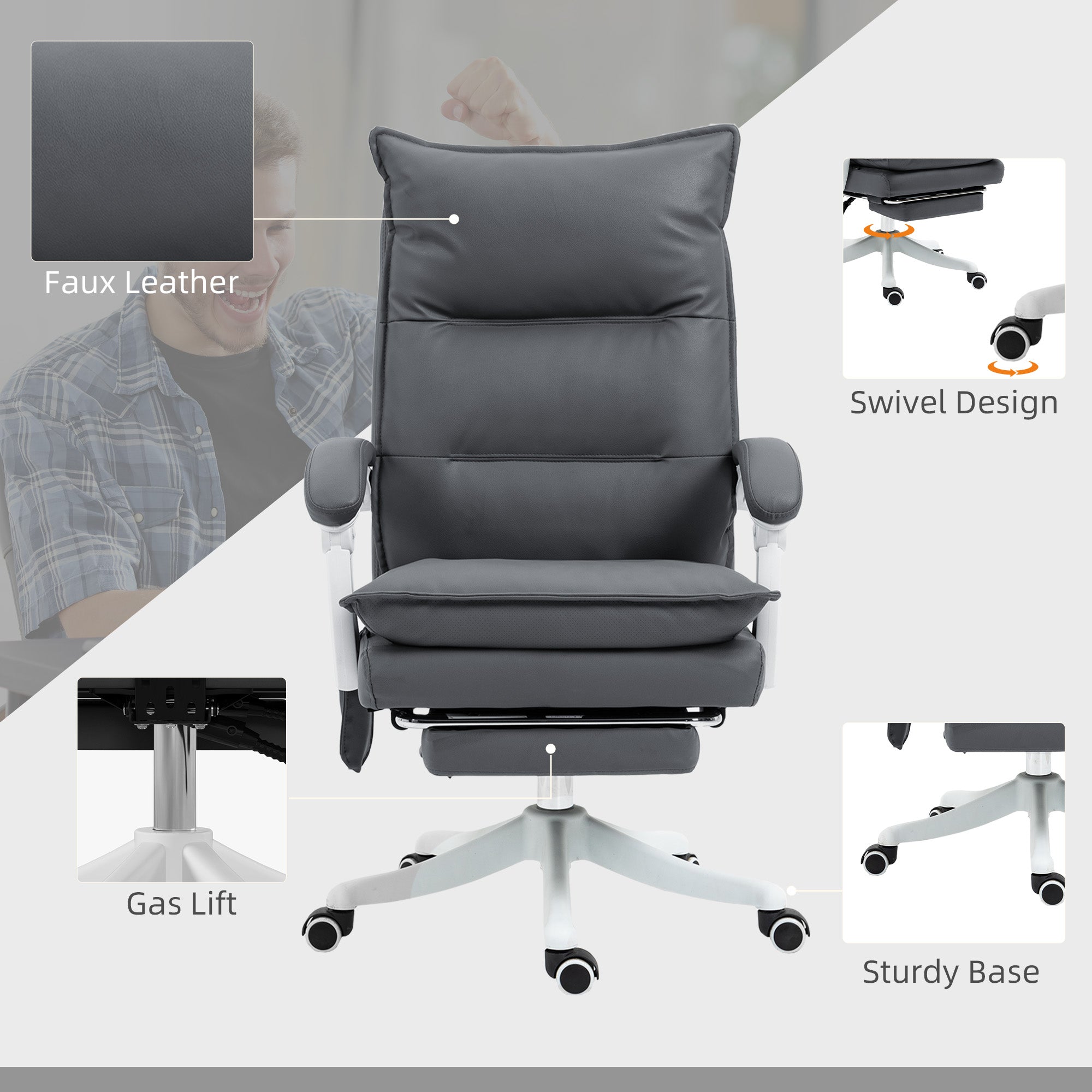 Vinsetto Vibration Massage Office Chair with Heat, Ergonomic Computer Desk Chairs, Faux Leather Desk Chair with Footrest, Armrest and Reclining Backrest, Charcoal Grey - anydaydirect