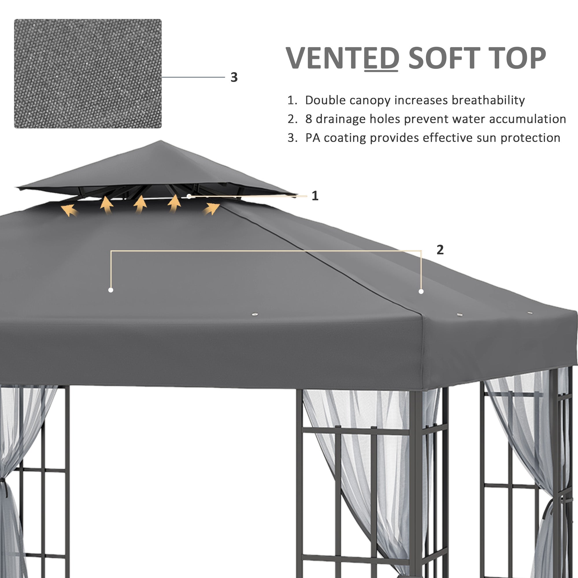 Outsunny 3 x 3(m) Patio Gazebo Canopy Garden Pavilion Tent Shelter with 2 Tier Roof and Mosquito Netting, Steel Frame, Grey - anydaydirect