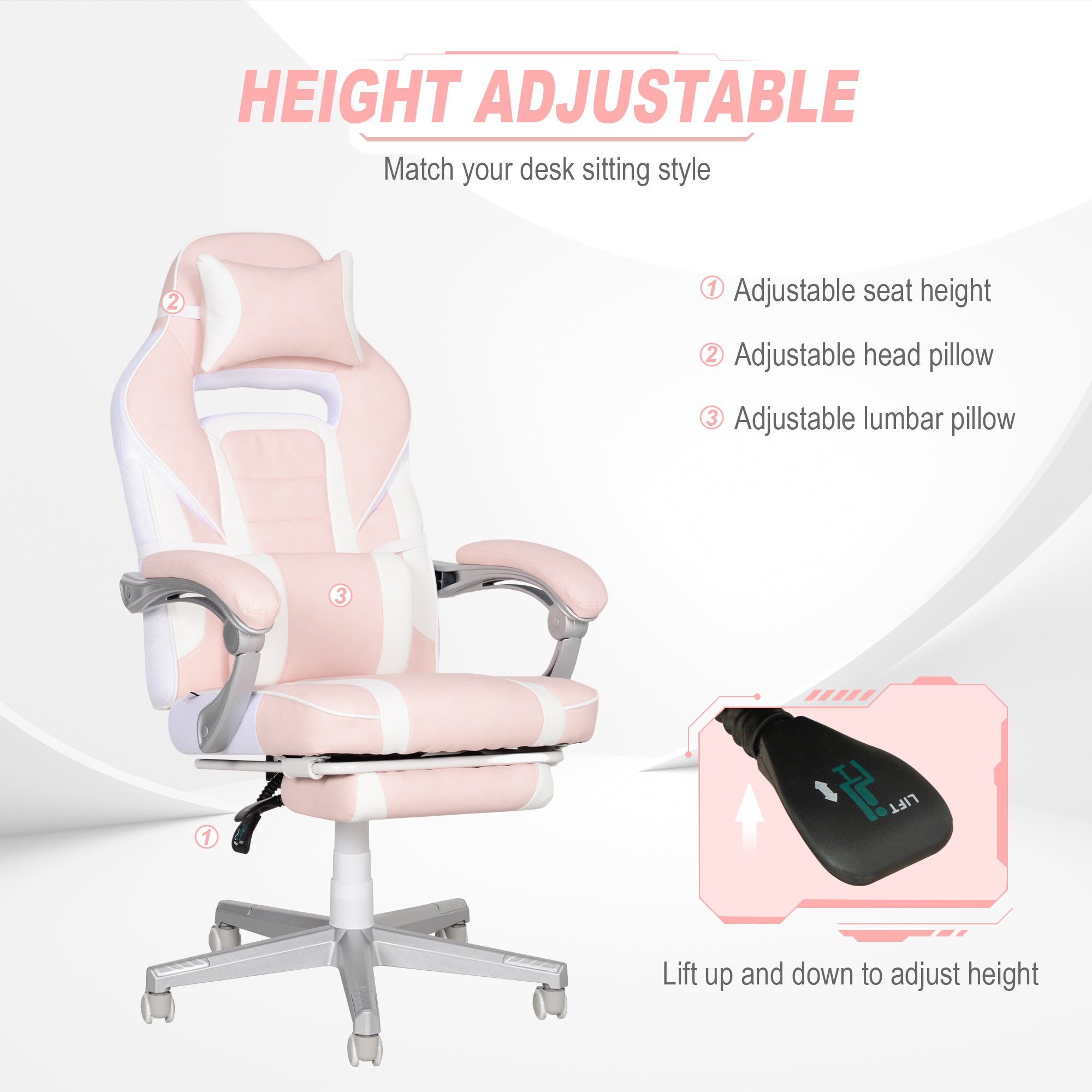 HOMCOM Faux Leather Reclining Gaming Chair, with Footrest - Pink/White - anydaydirect
