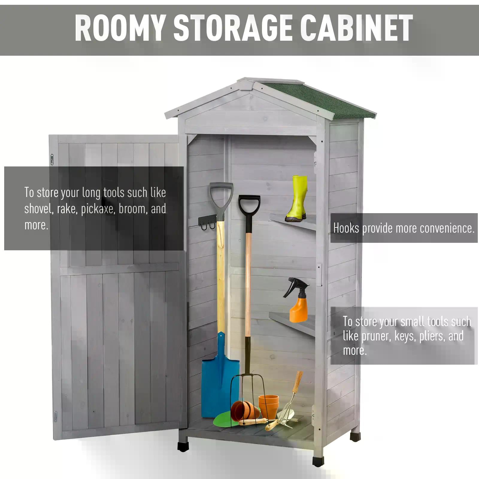 Outsunny Wooden Garden Cabinet 3-Tier Storage Shed 2 Shelves Lockable Organizer with Hooks Foot Pad 74 x 55 x 155cm Light Grey - anydaydirect