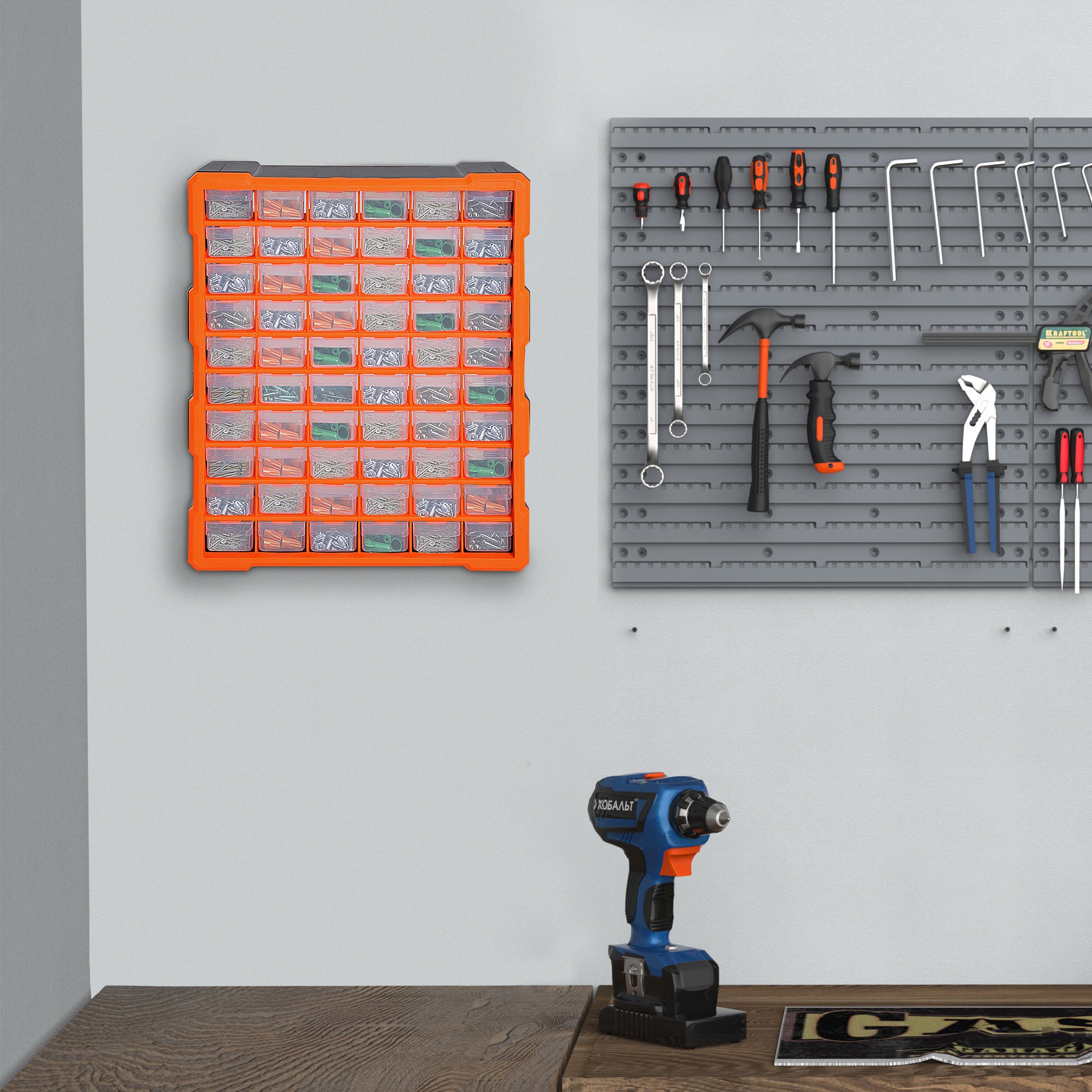 DURHAND 60 Drawers Parts Organiser Wall Mount Storage Cabinet Garage Small Nuts Bolts Tools Clear Orange - anydaydirect