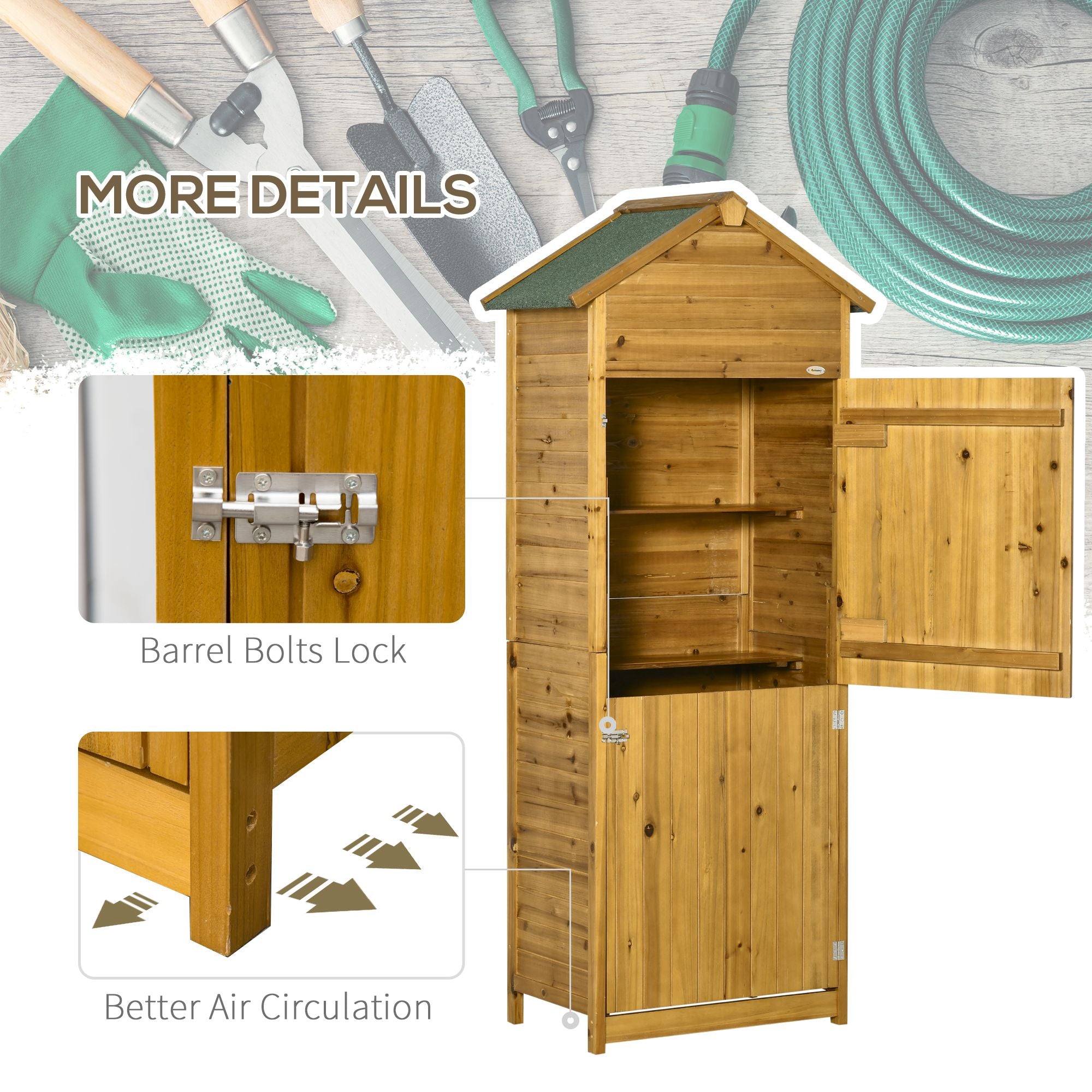Outsunny Wooden Garden Storage Shed Utility Gardener Cabinet w/ 3 Shelves and 2 Door, 191.5cm x 79cm x 49cm, Natural Wood Effect - anydaydirect
