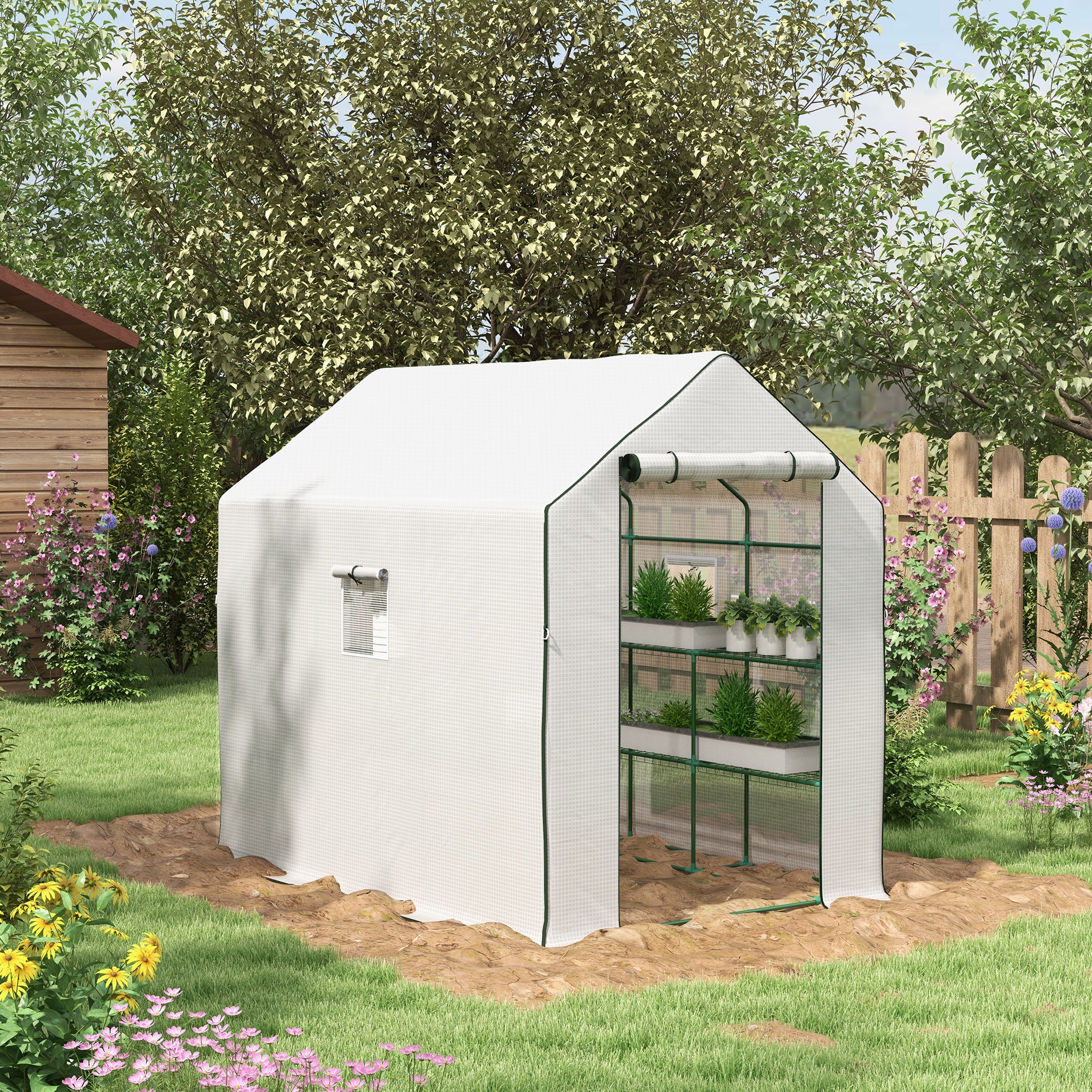 Outsunny Walk-in Greenhouse with 3 Tier Shelves, Outdoor Green House Garden Grow House with Reinforced PE Cover, Roll-up Door and Mesh Windows, 140 x 213 x 190cm, White - anydaydirect