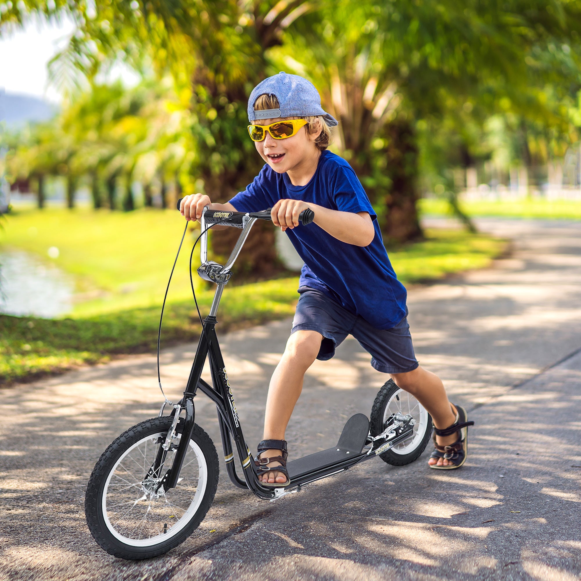 HOMCOM Teen Scooter Push Kick Scooters for Kids with Rubber Wheels Adjustable Handlebar Front Rear Dual Brakes Kickstand, for 5+ Years, Black - anydaydirect