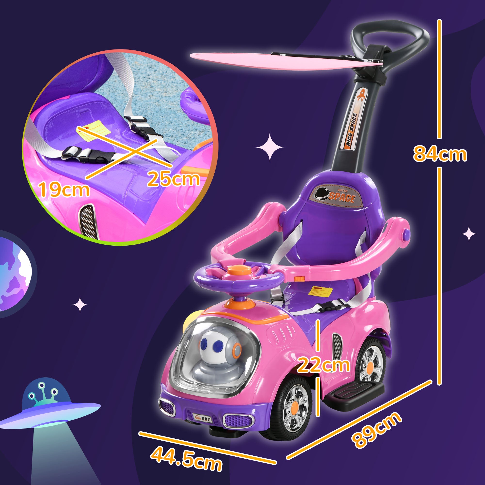 AIYAPLAY 3 in 1 Ride on Push Car, Cartoon Robot Theme Foot to Floor Slider w/ Handle Light Music Horn, Storage - Pink - anydaydirect