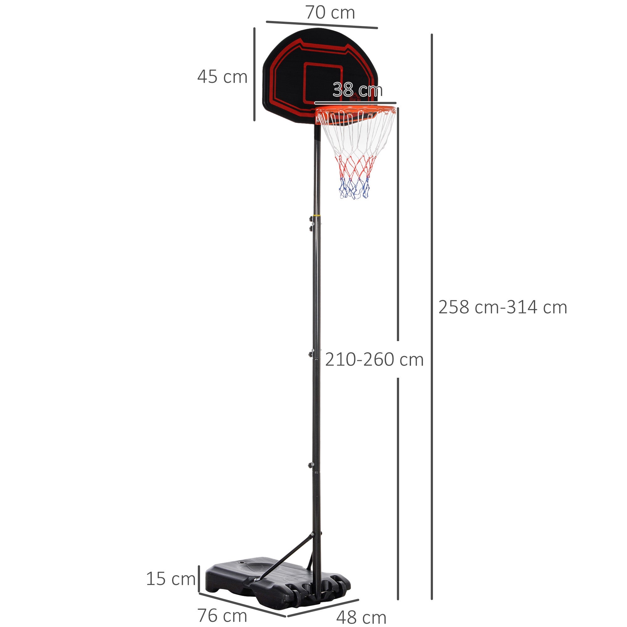 HOMCOM Basketball Hoop Stand Portable Adjustable Height 2.1-2.6m w/ Wheels, Sturdy Rim Stable Base, Black - anydaydirect