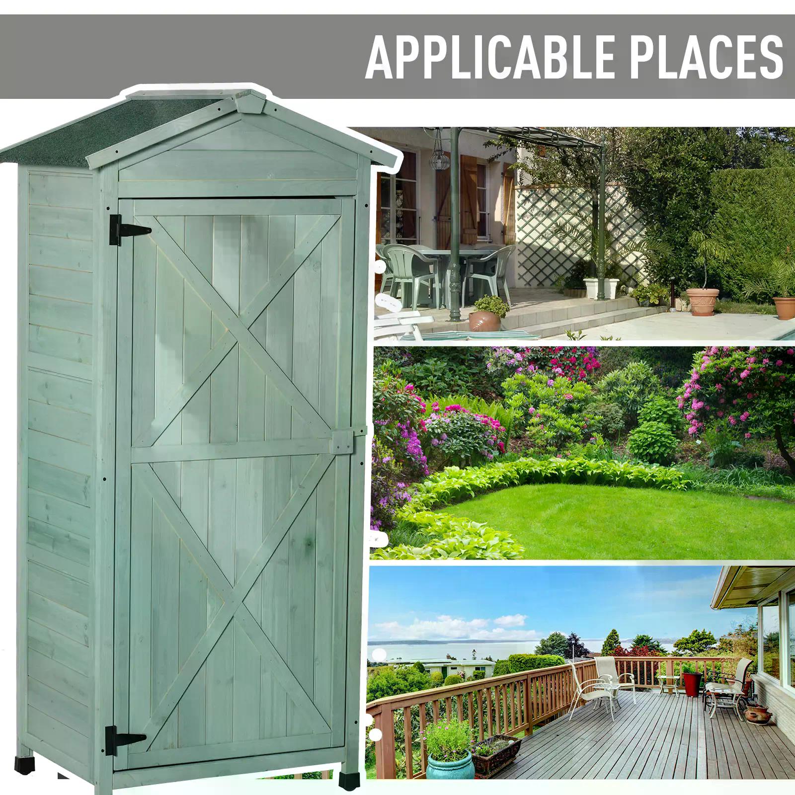 Outsunny Wooden Garden Cabinet 3-Tier Storage Shed 2 Shelves Lockable Organizer with Hooks Foot Pad 74 x 55 x 155cm Green - anydaydirect