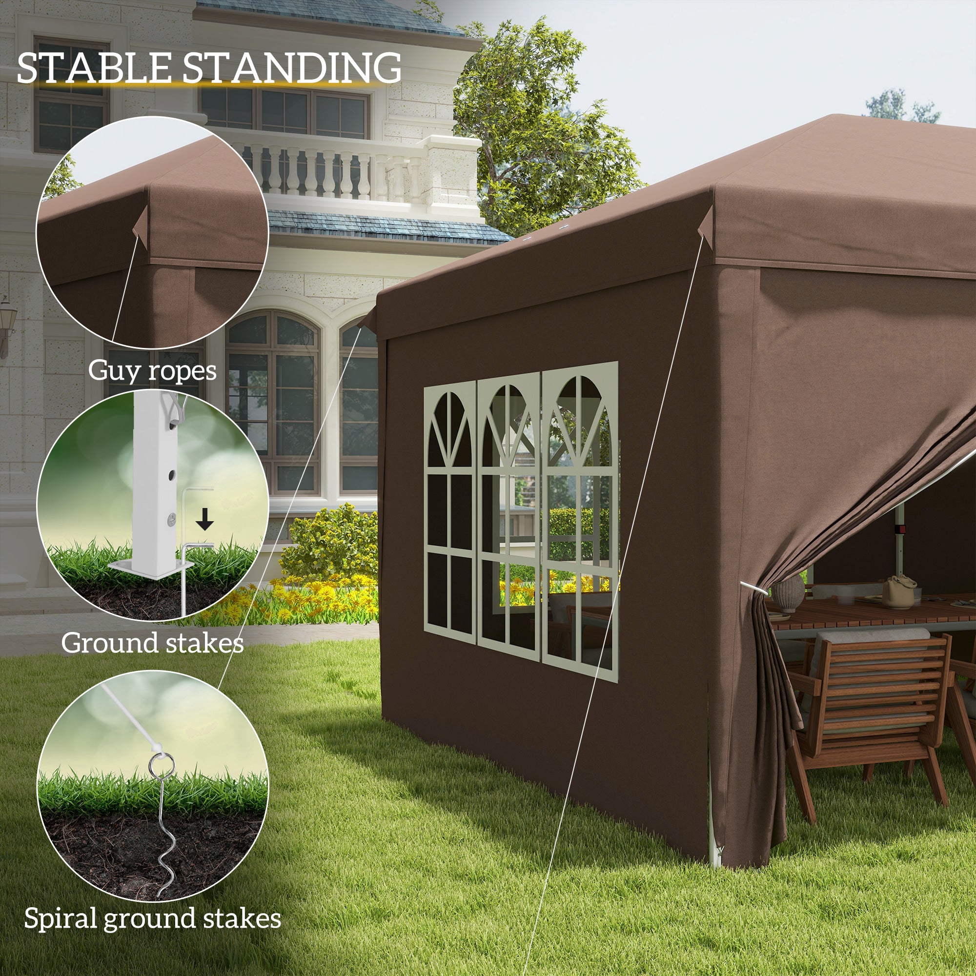 Outsunny 3 x 6 m Pop Up Gazebo with Sides and Windows, Height Adjustable Party Tent with Storage Bag for Garden, Camping, Event, Brown - anydaydirect