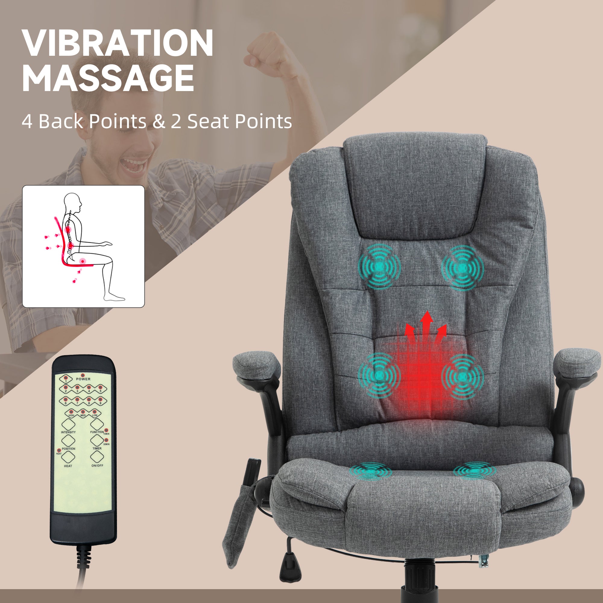 Vinsetto Massage Recliner Chair Heated Office Chair with Six Massage Points Linen-Feel Fabric 360° Swivel Wheels Grey - anydaydirect