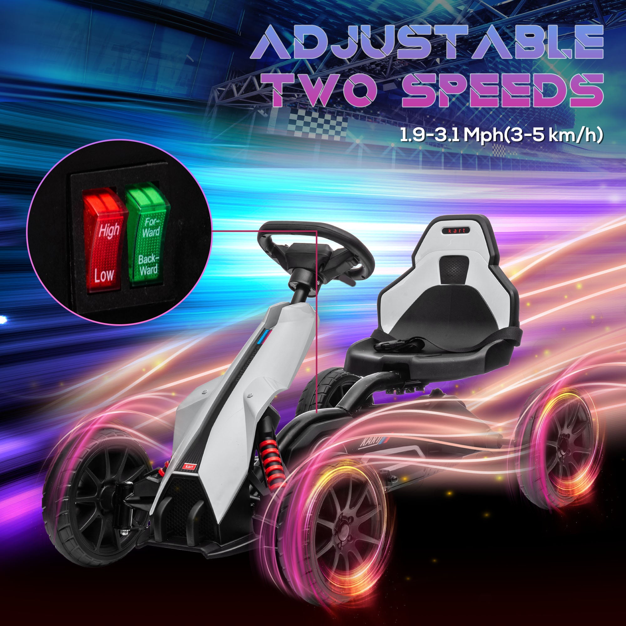 HOMCOM 12V Electric Go Kart for Kids, Ride-On Racing Go Kart with Forward Reversing, Rechargeable Battery, 2 Speeds, for Boys Girls Aged 3-8 Years Old - White - anydaydirect
