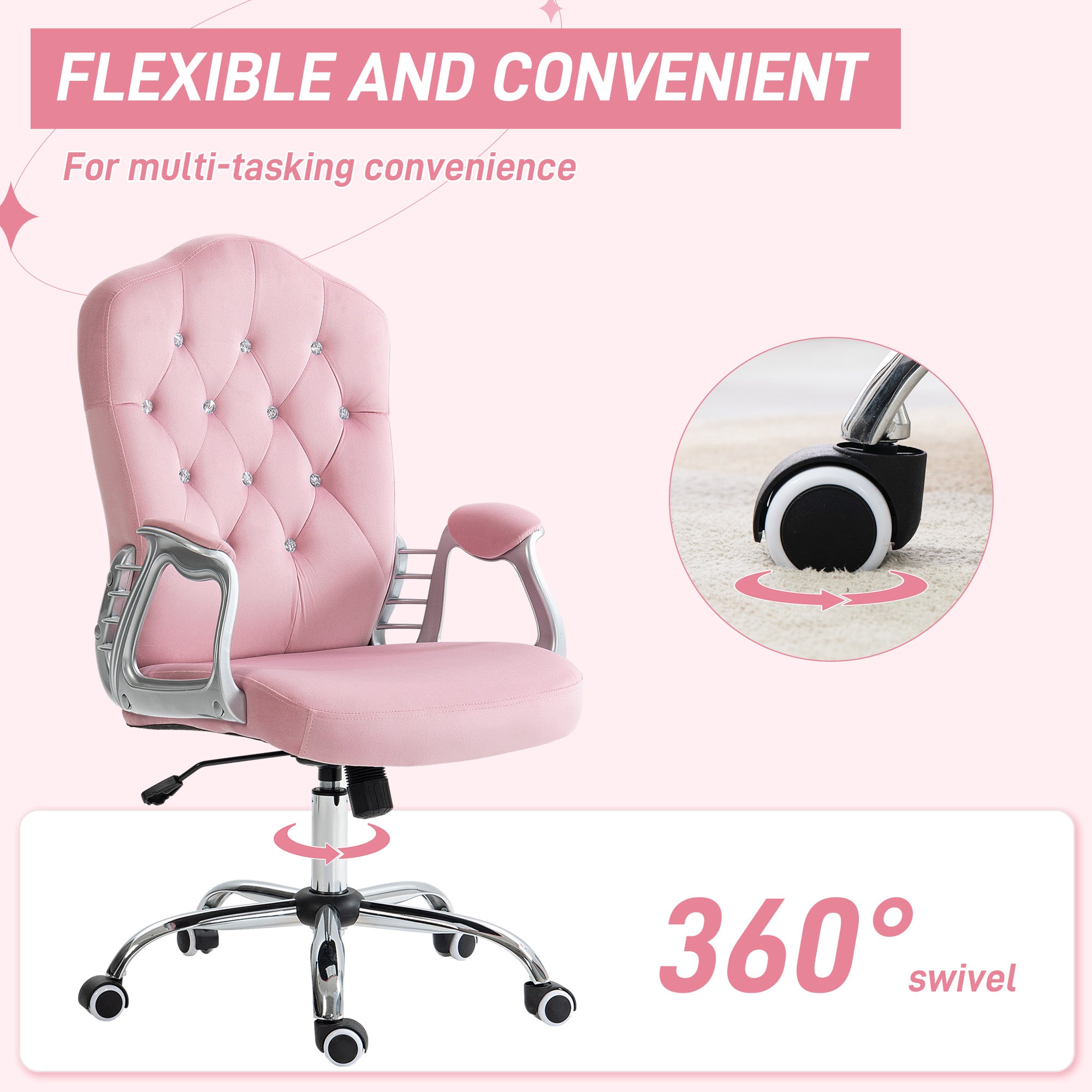 Vinsetto Velvet-Feel Work Chair, with Diamante Back - Pink - anydaydirect