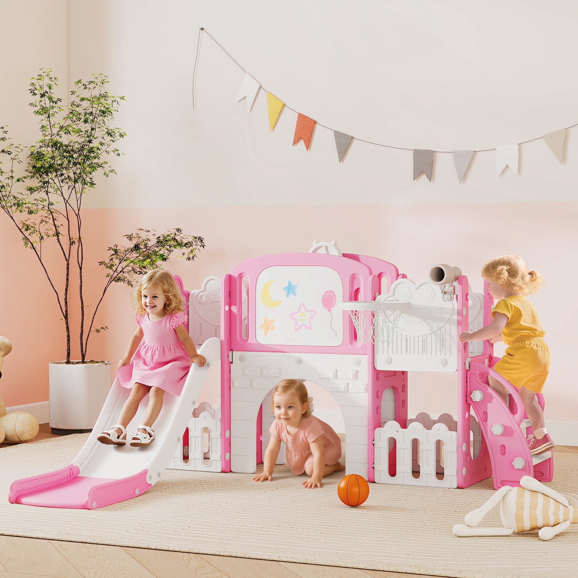 AIYAPLAY 7 in 1 Toddler Slide Set with Basketball Hoop, Climbing Frame, Telescope, Drawing Board, Storage Box, Pink - anydaydirect