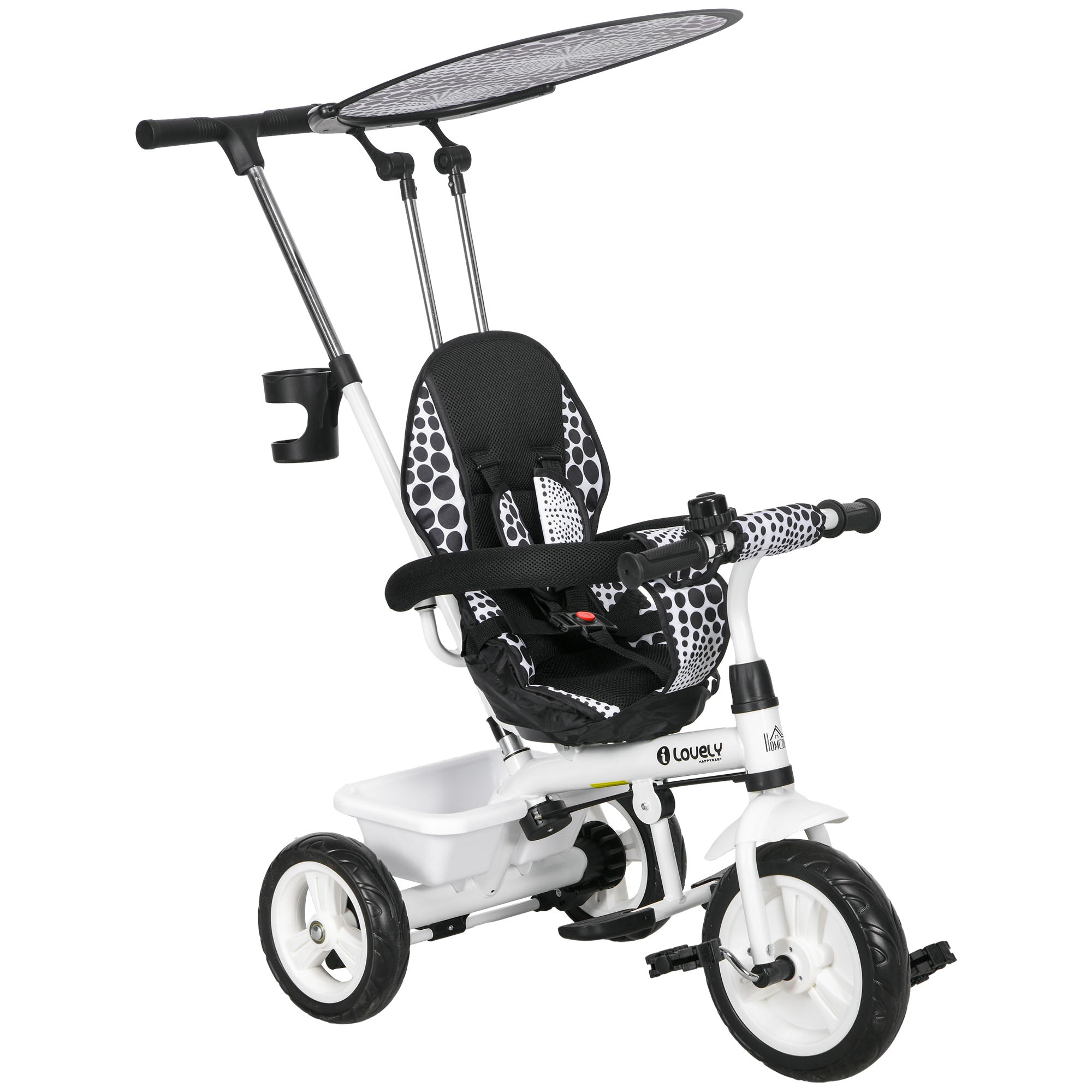 HOMCOM 4 in 1 Tricycle for Kids with 5-point harness straps, Removable Canopy, White - anydaydirect