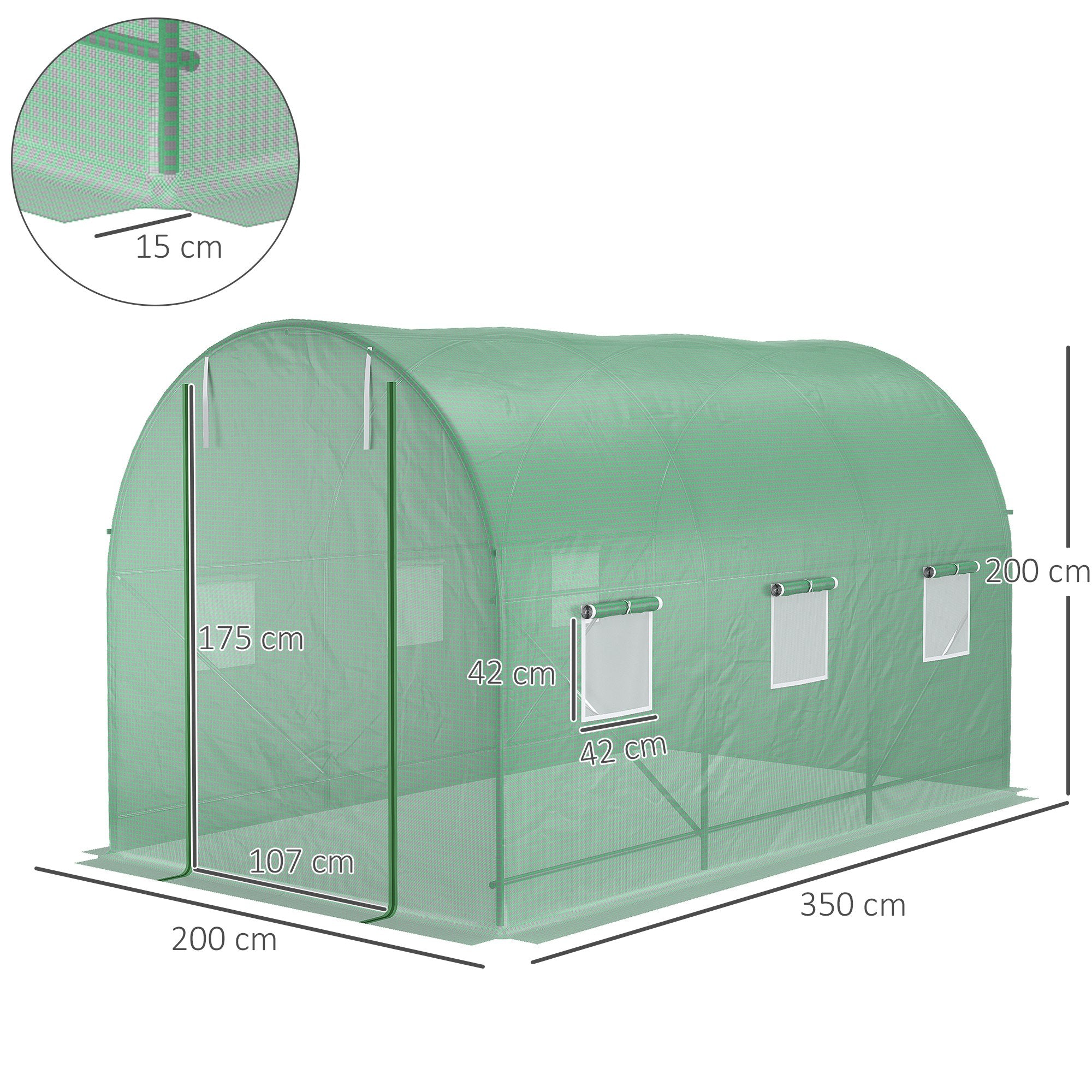 Outsunny 3.5 x 2m Walk-In Polytunnel Greenhouse, with Steel Frame, PE Cover, Roll-Up Door and 6 Windows, Green - anydaydirect