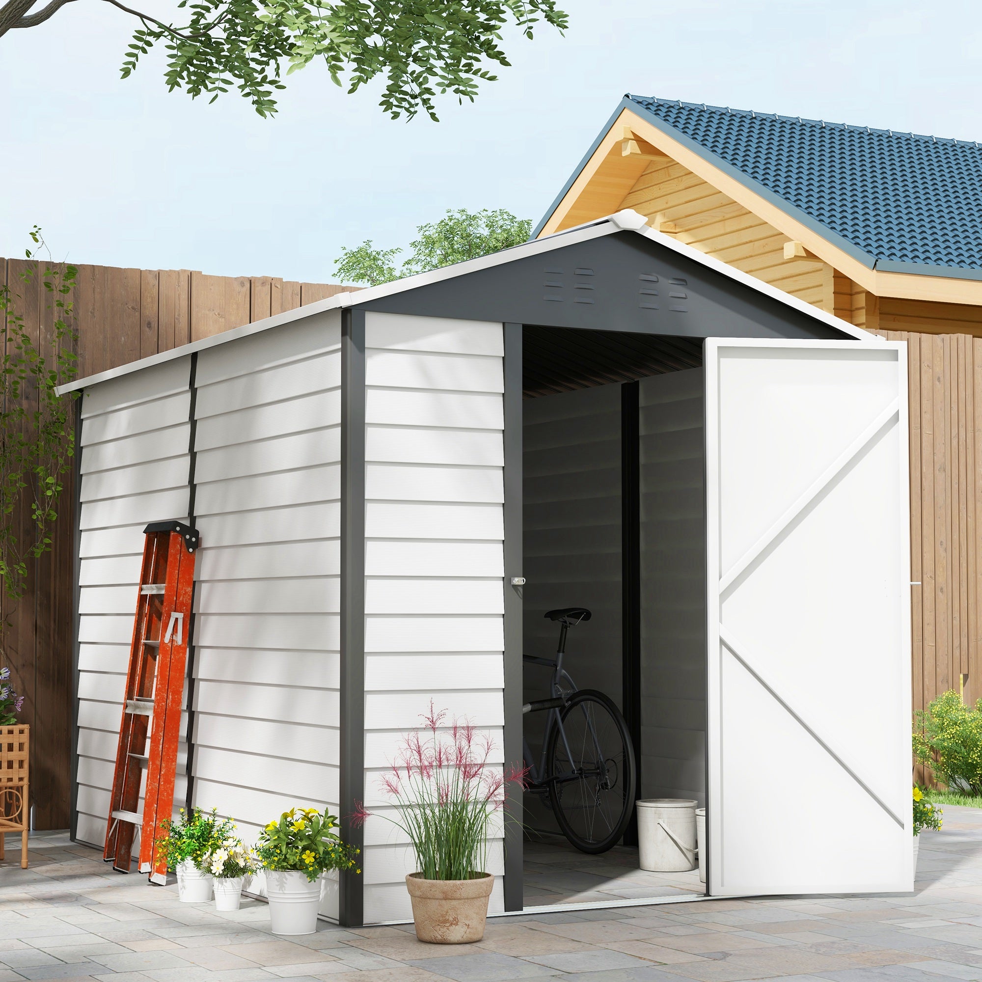 Outsunny 9x 6FT Metal Outdoor Garden Shed, Galvanised Tool Storage Shed w/ Sloped Roof, Lockable Door for Patio Lawn, Dark Grey - anydaydirect