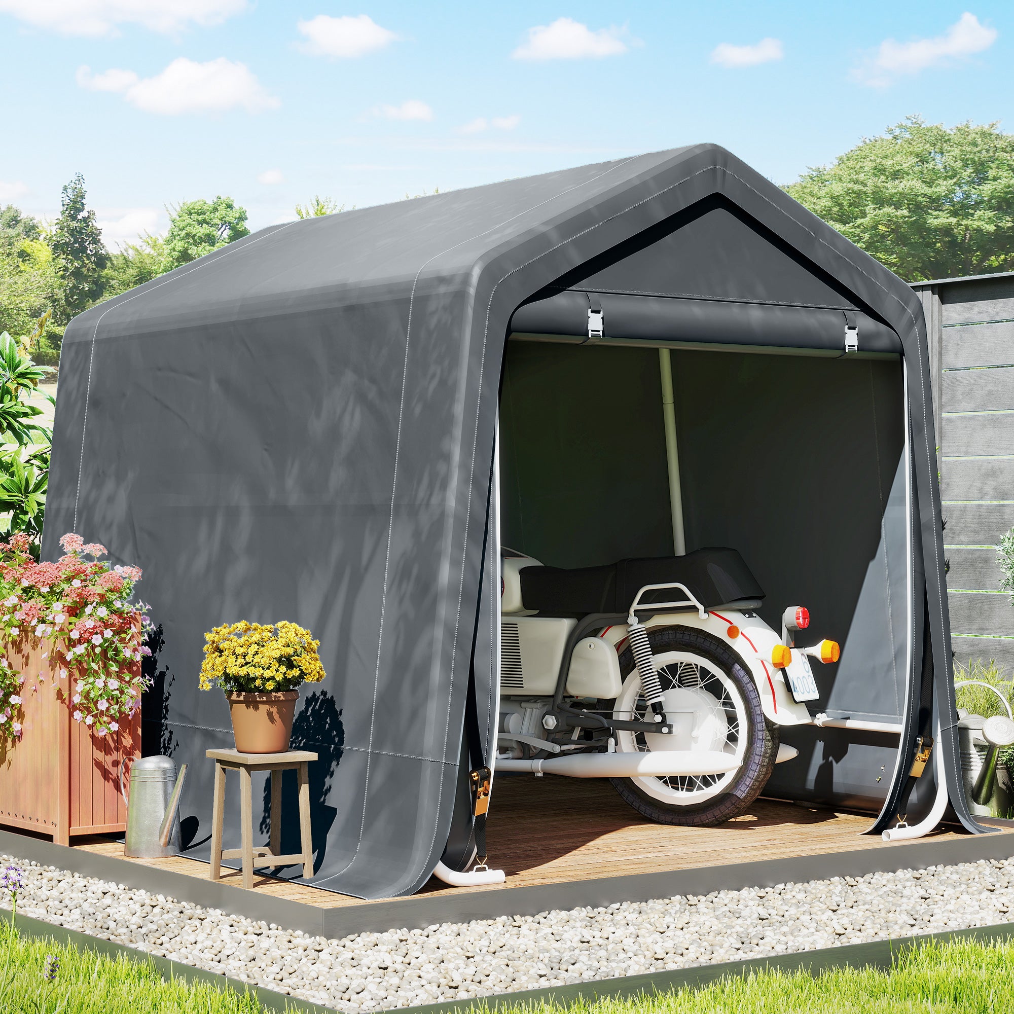Outsunny 8 x 6.5 ft Outdoor Garden Storage Shed, Waterproof Bike Tent w/ Double Roll-up Zipper Door for Garden Tools, Dark Grey - anydaydirect