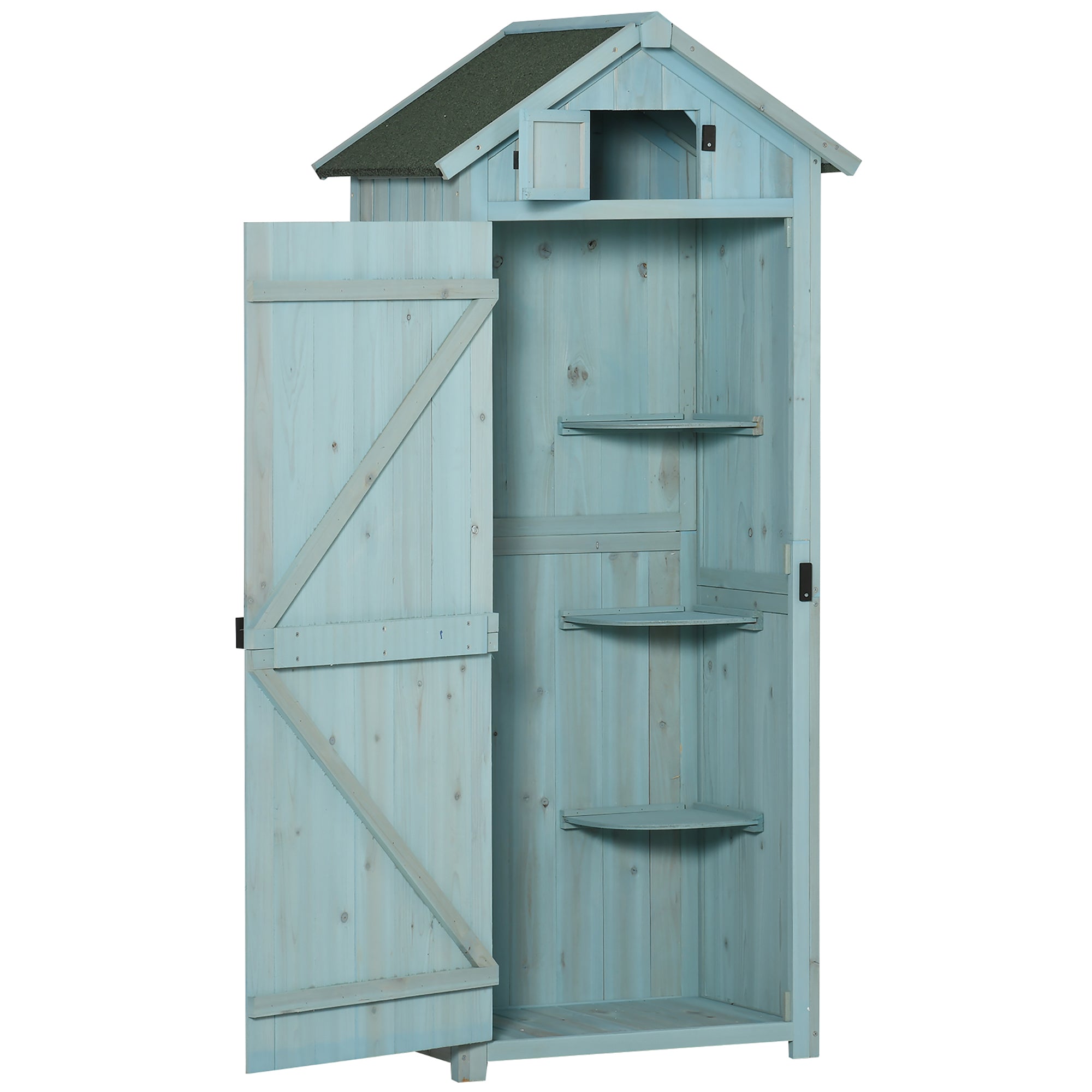 Outsunny Garden Shed Vertical Utility 3 Shelves Shed Wood Outdoor Garden Tool Storage Unit Storage Cabinet, 77 x 54.2 x 179cm - Blue - anydaydirect